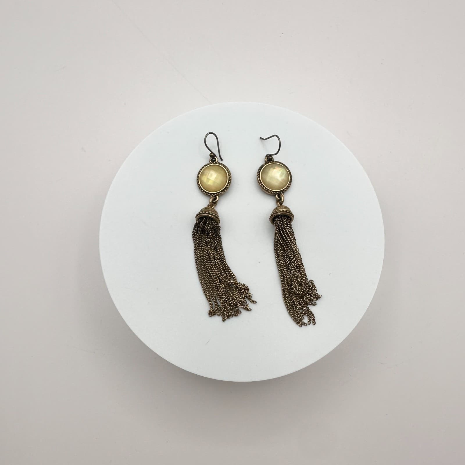 Vintage Gold Tone Faux Moonstone Tassel Earrings Statement Dangle Fringe Boho - Thumbnail 3