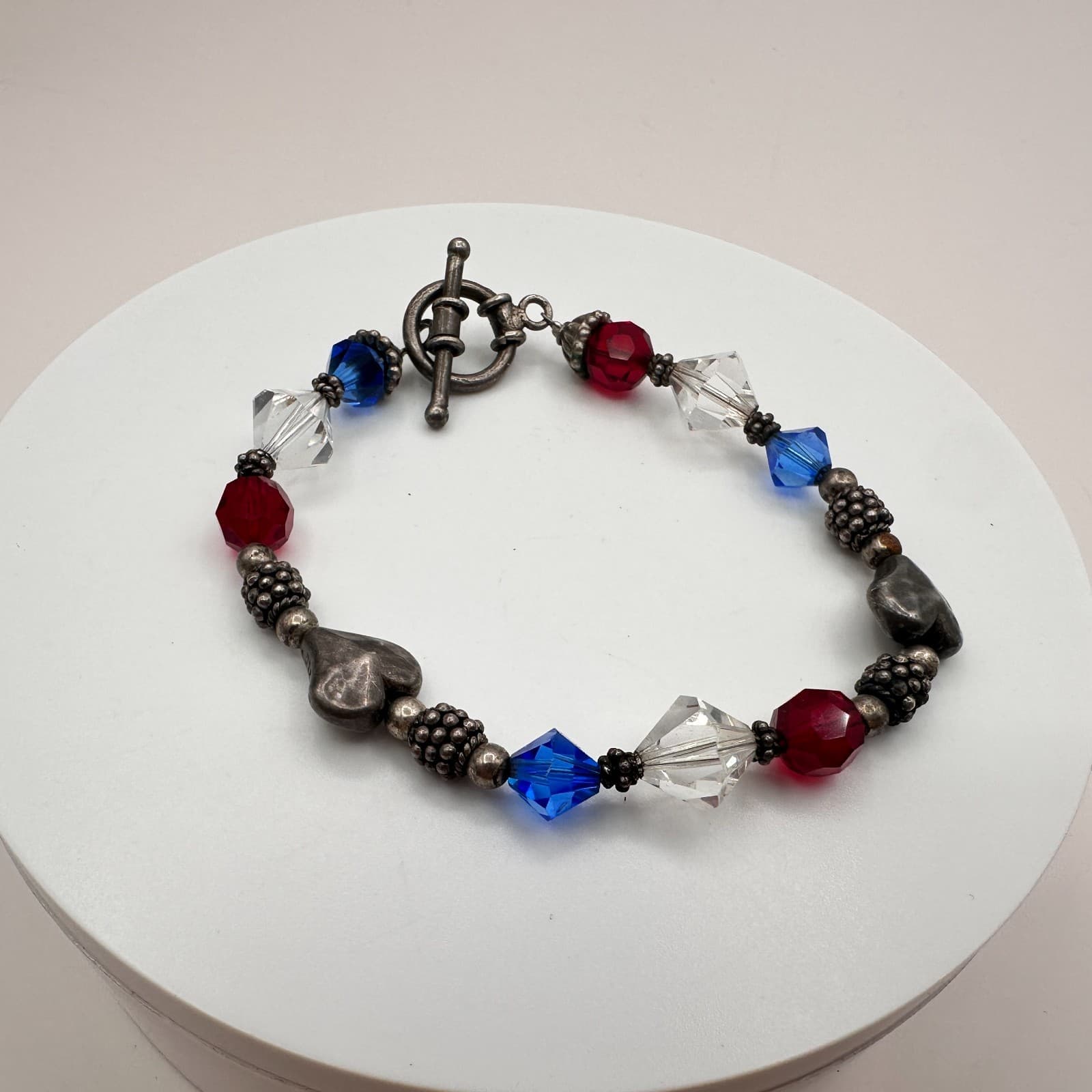 Vintage Y2K Silver Tone Heart Polycrome Glass Beaded Charms Bracelet Jewelry 90s - Thumbnail 6