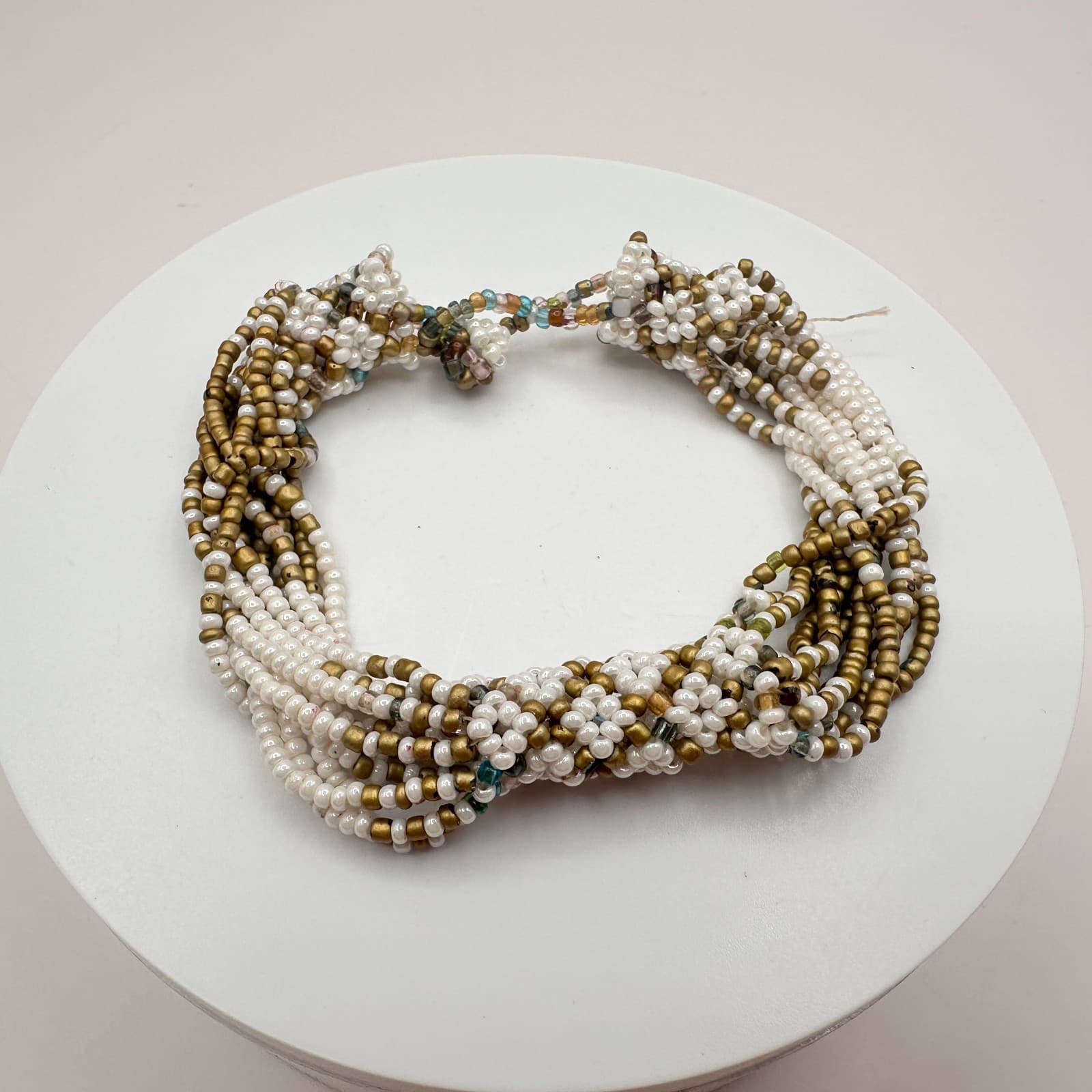 Vintage 90s Gold Tone White Gold Multi Strand Seed Beaded Bracelet Jewelry Bib - Thumbnail 2