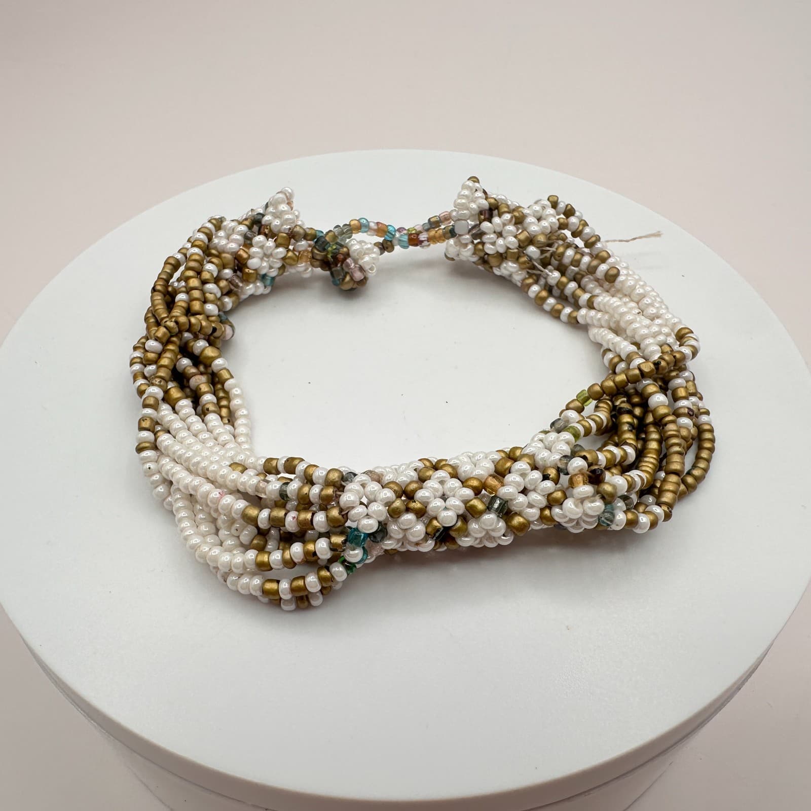 Vintage 90s Gold Tone White Gold Multi Strand Seed Beaded Bracelet Jewelry Bib - Thumbnail 7