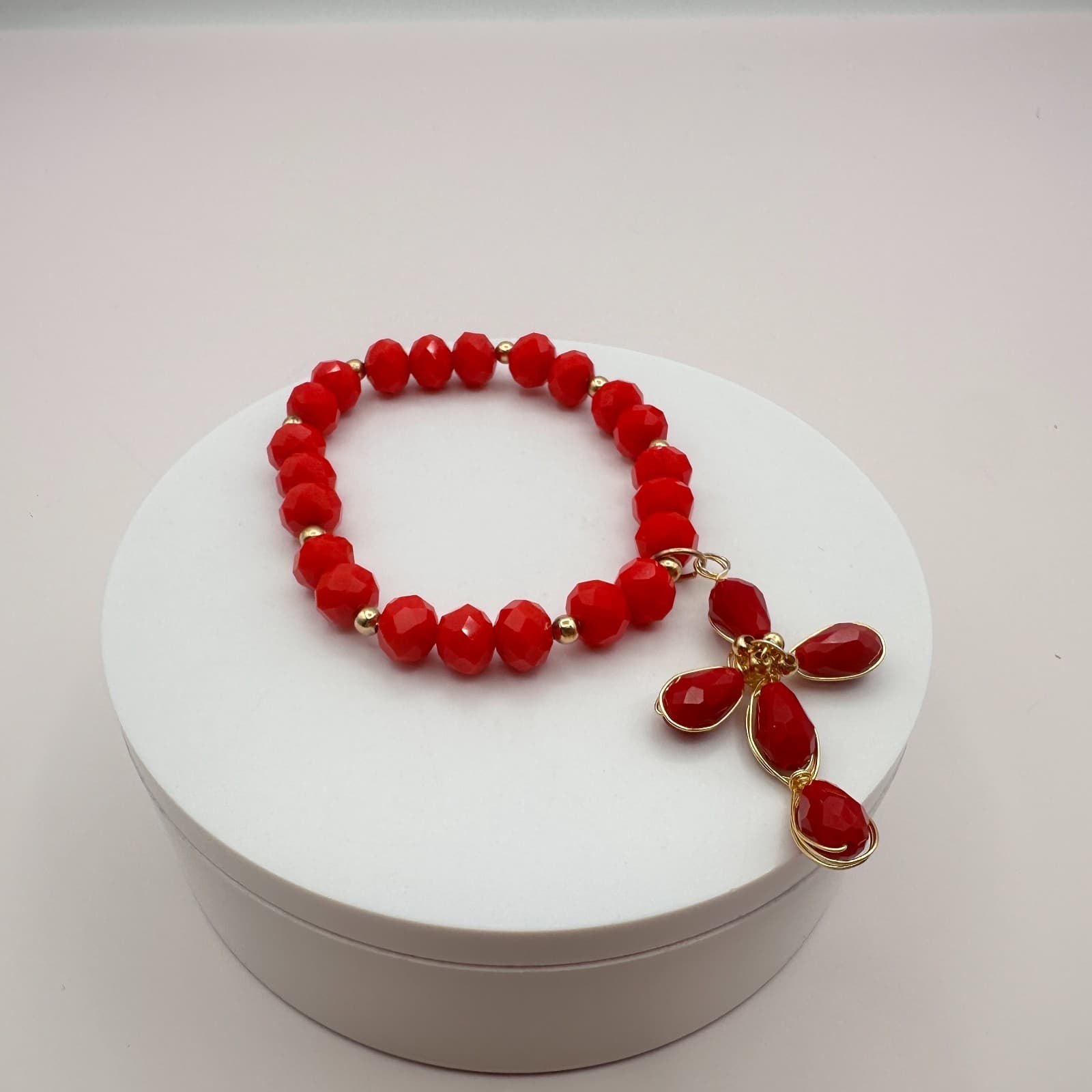 Vintage Y2K Gold Tone Red Beaded Cross Charm Bracelet Religious Women's Jewelry - Thumbnail 5