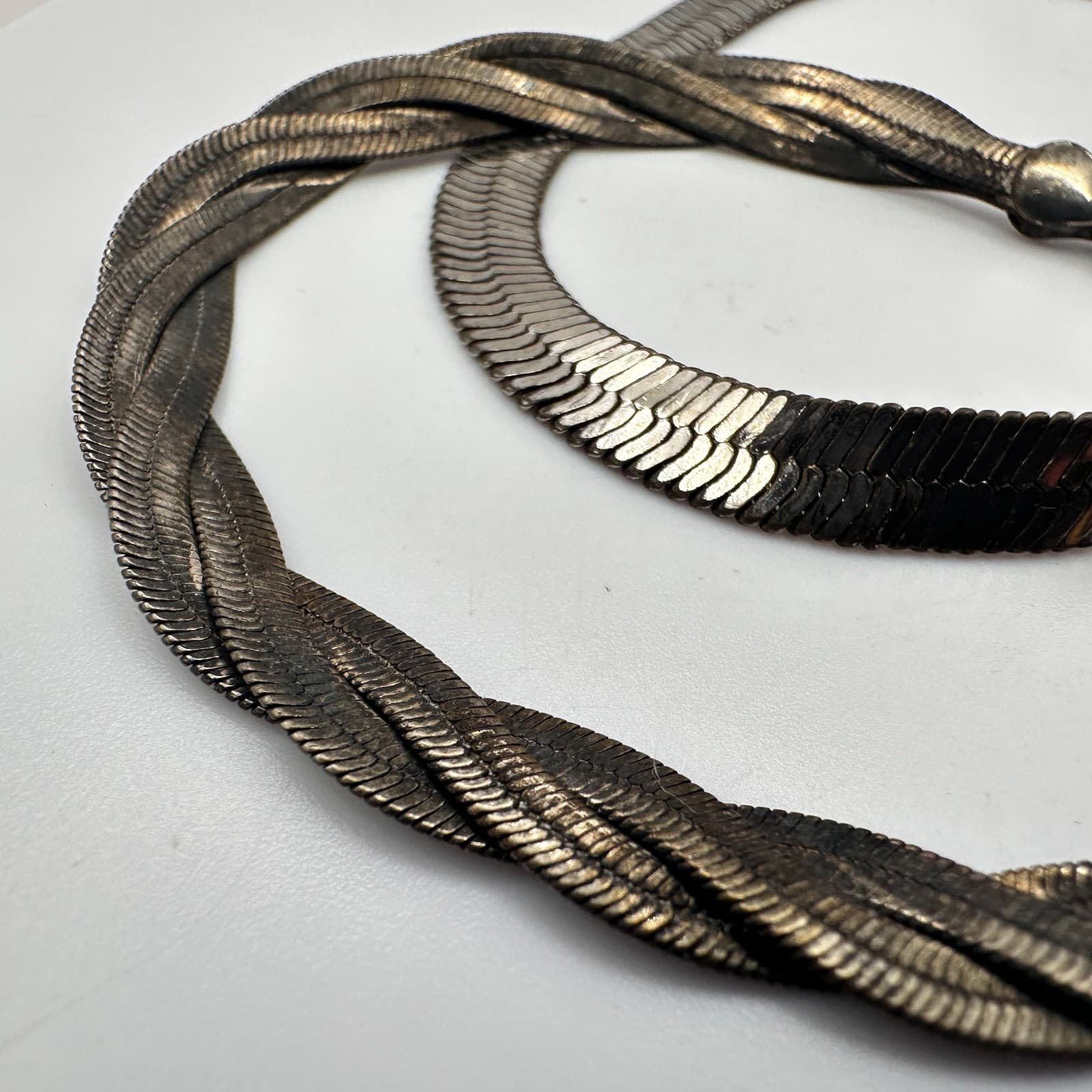 Vintage Y2K Silver Tone Herringbone Chain Bracelet Set Minimalist Retro Jewelry - Thumbnail 4