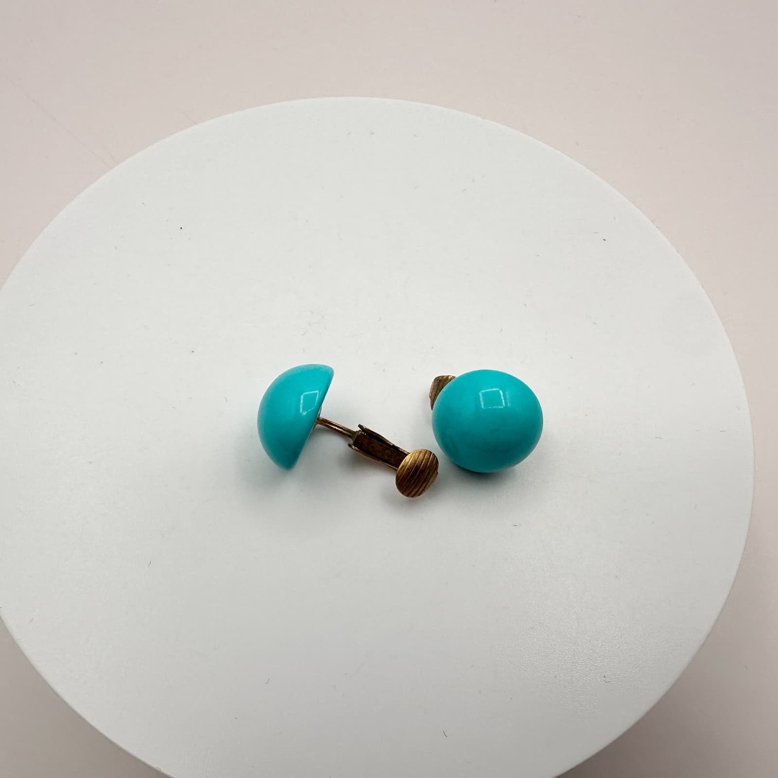 Vintage 90s Gold Tone Turquoise Blue Dome Earrings Women's Classic Jewelry - Thumbnail 4