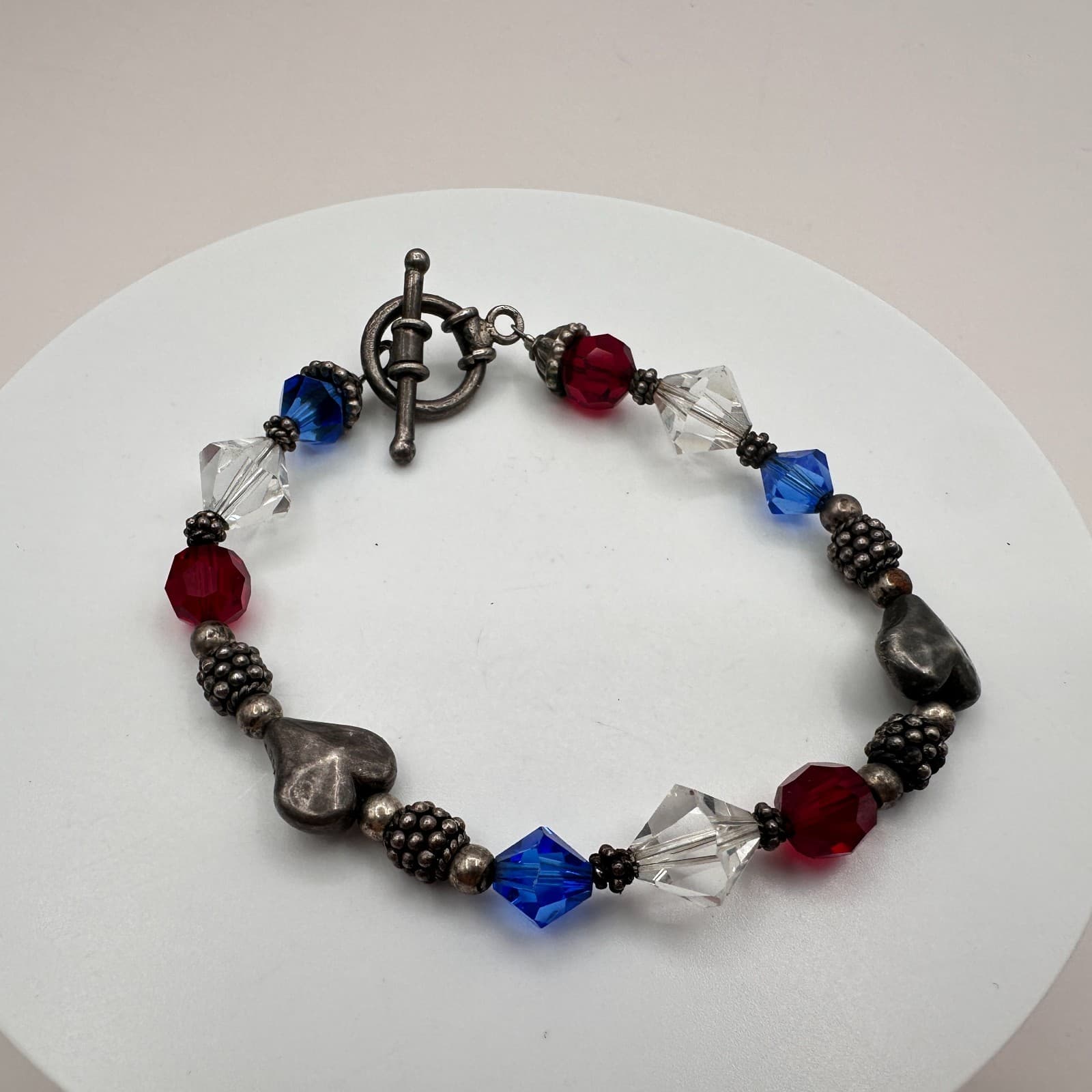 Vintage Y2K Silver Tone Heart Polycrome Glass Beaded Charms Bracelet Jewelry 90s - Thumbnail 3
