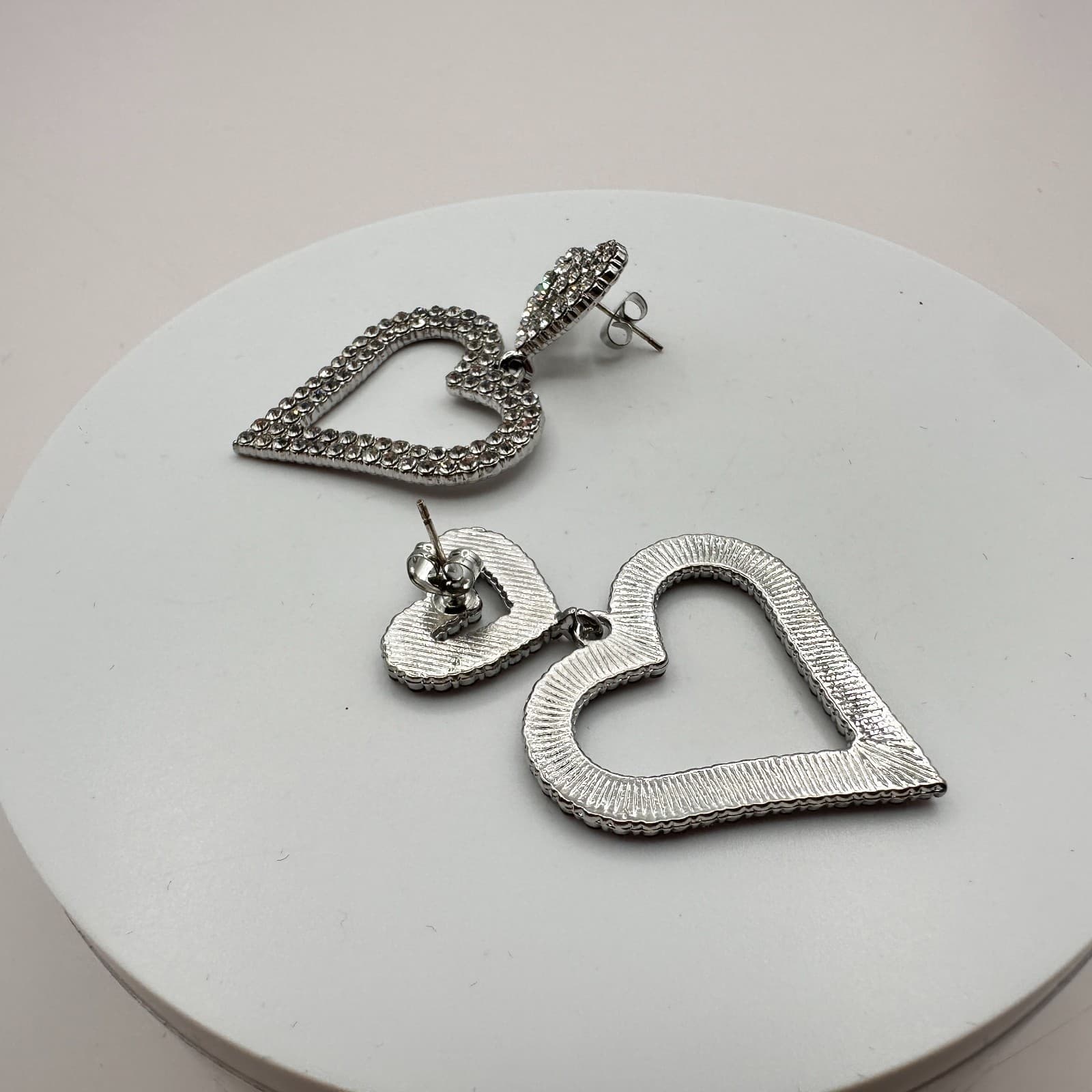 Vintage Y2K Silver Tone Rhinestone Double Heart Dangle Earrings Women's Jewelry - Thumbnail 5