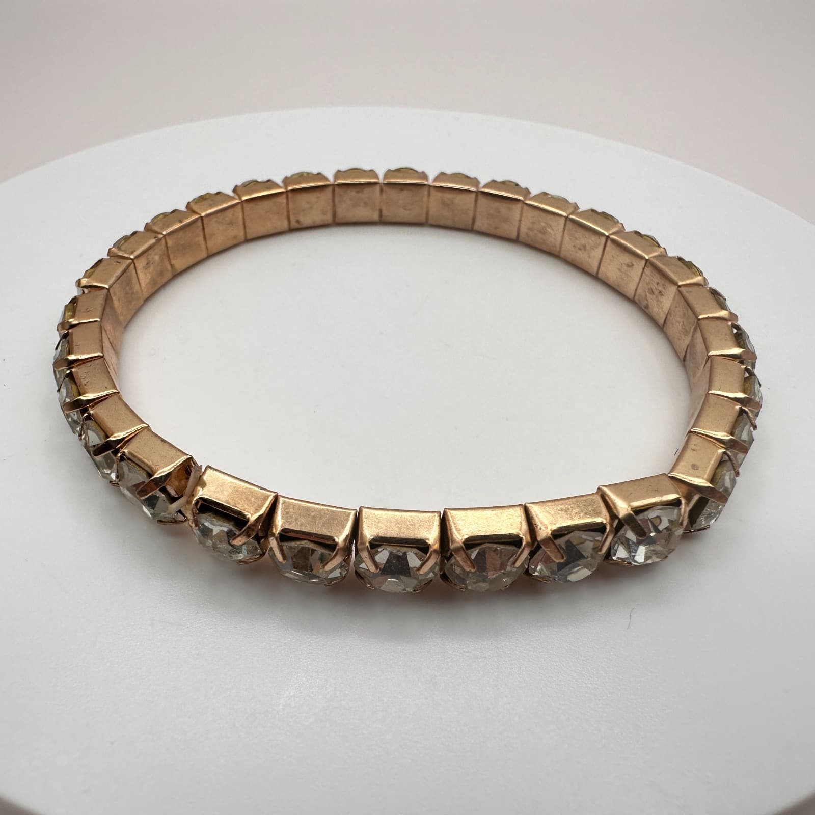 Vintage 90s Gold Tone Clear Glass Stretch Tennis Bracelet Glam Fashion Jewelry - Thumbnail 3