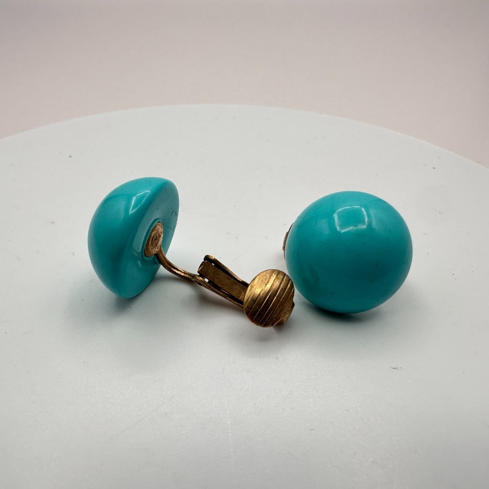 Vintage 90s Gold Tone Turquoise Blue Dome Earrings Women's Classic Jewelry - Thumbnail 3
