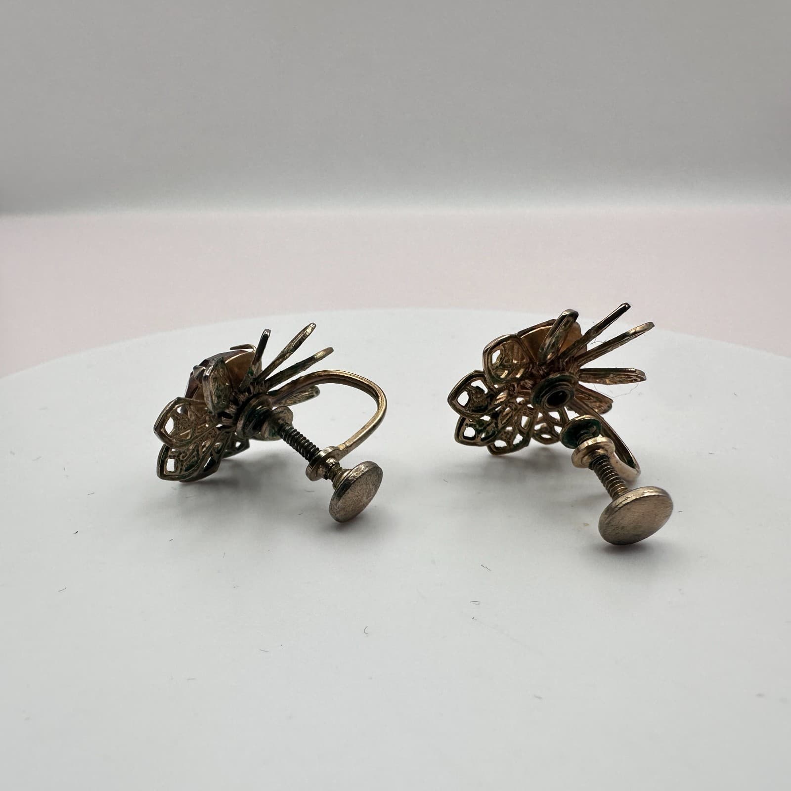 Vintage 50s 60s Mid-Century Filigree Gold Tone Flower Earrings Amber Glass Boho - Thumbnail 5