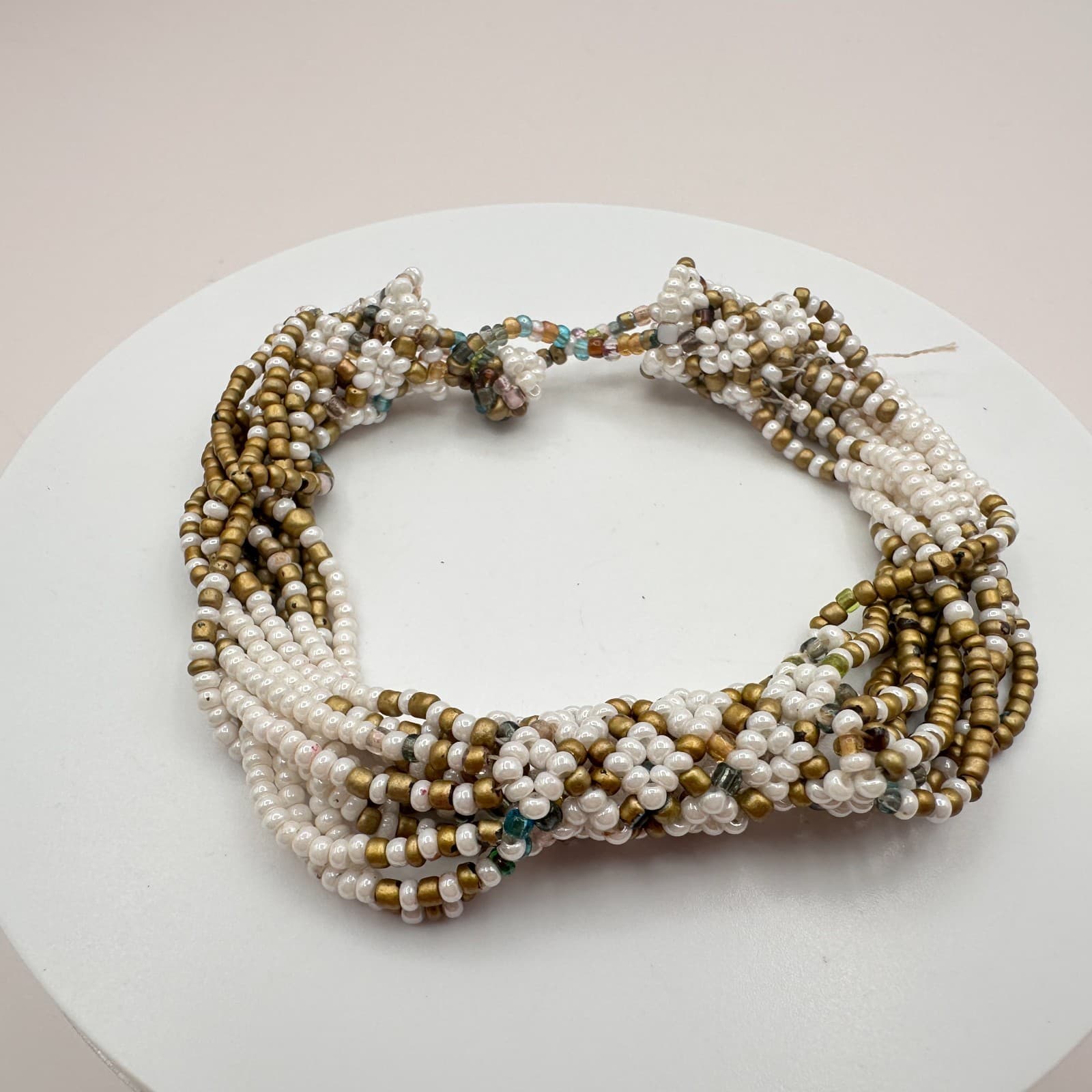Vintage 90s Gold Tone White Gold Multi Strand Seed Beaded Bracelet Jewelry Bib - Thumbnail 6