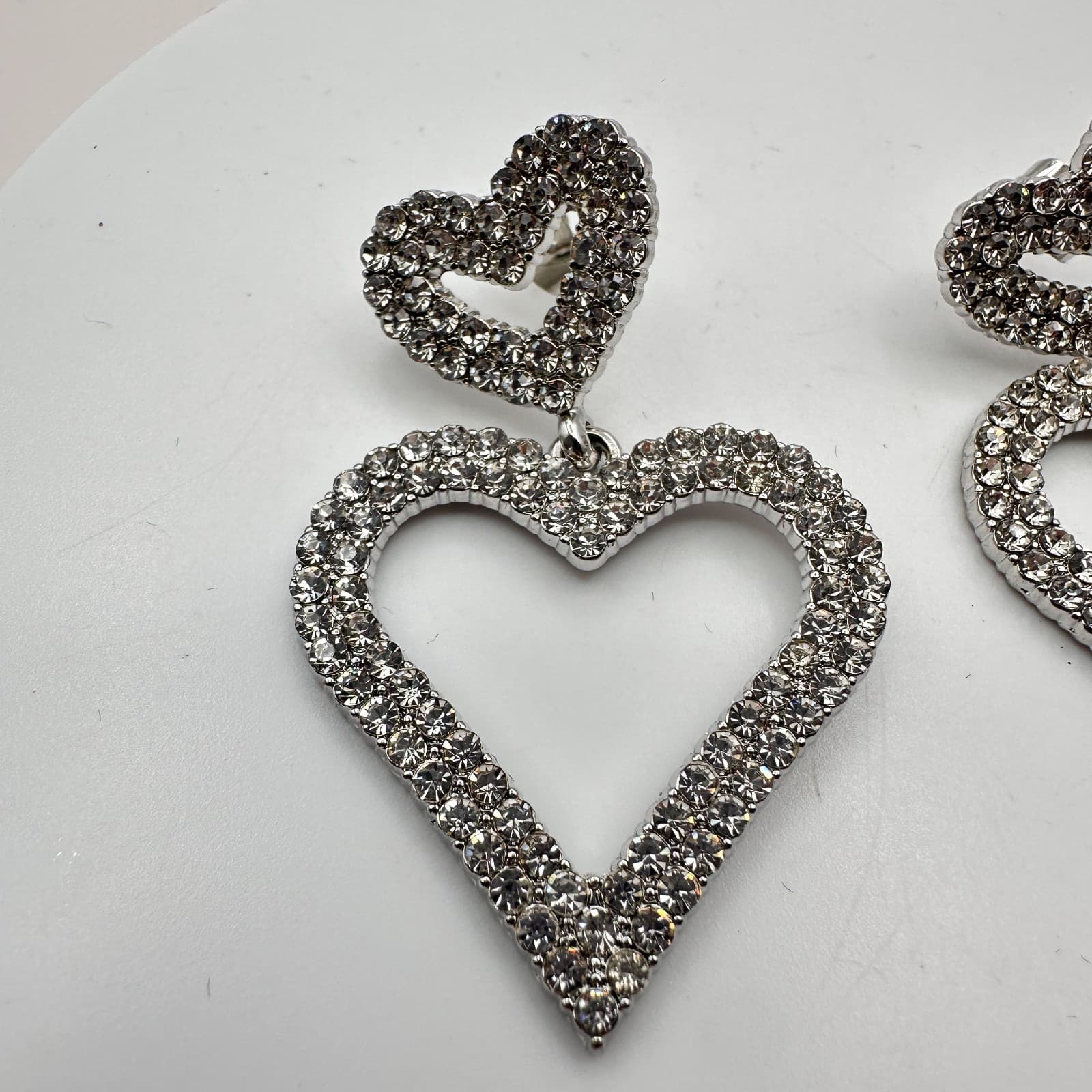 Vintage Y2K Silver Tone Rhinestone Double Heart Dangle Earrings Women's Jewelry - Thumbnail 3