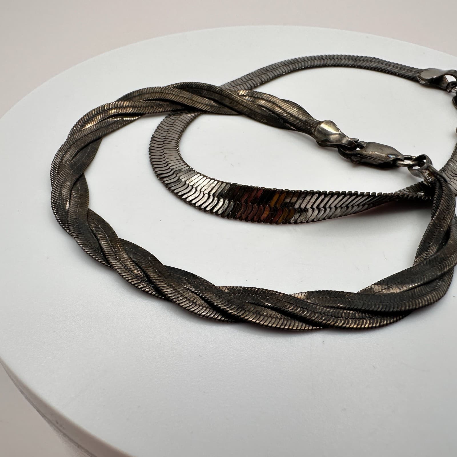 Vintage Y2K Silver Tone Herringbone Chain Bracelet Set Minimalist Retro Jewelry - Thumbnail 3