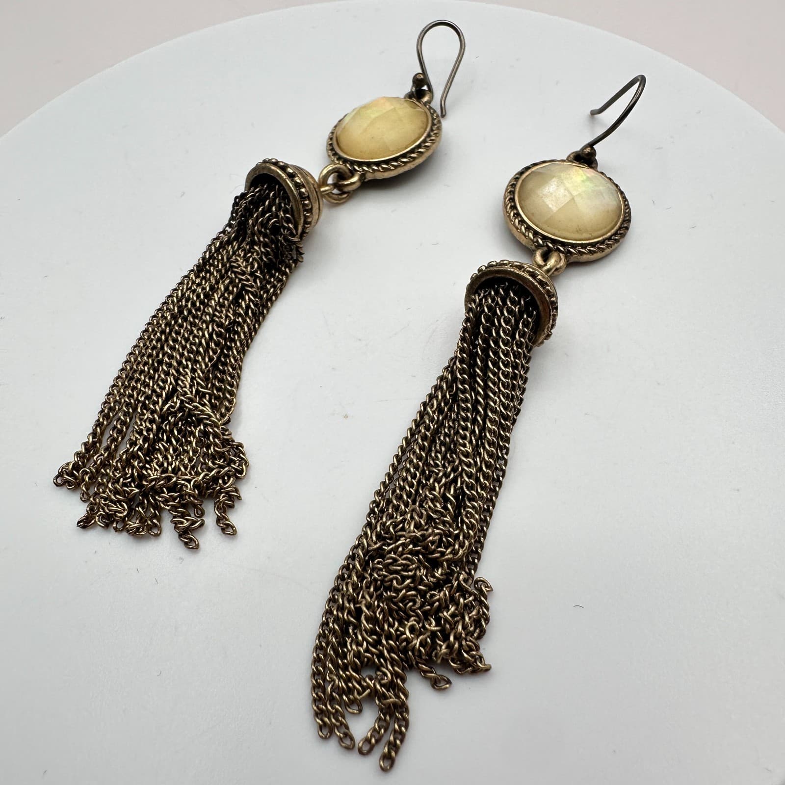 Vintage Gold Tone Faux Moonstone Tassel Earrings Statement Dangle Fringe Boho - Thumbnail 4