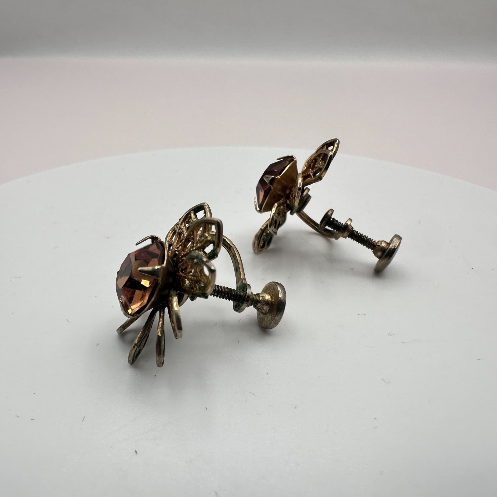 Vintage 50s 60s Mid-Century Filigree Gold Tone Flower Earrings Amber Glass Boho - Thumbnail 6