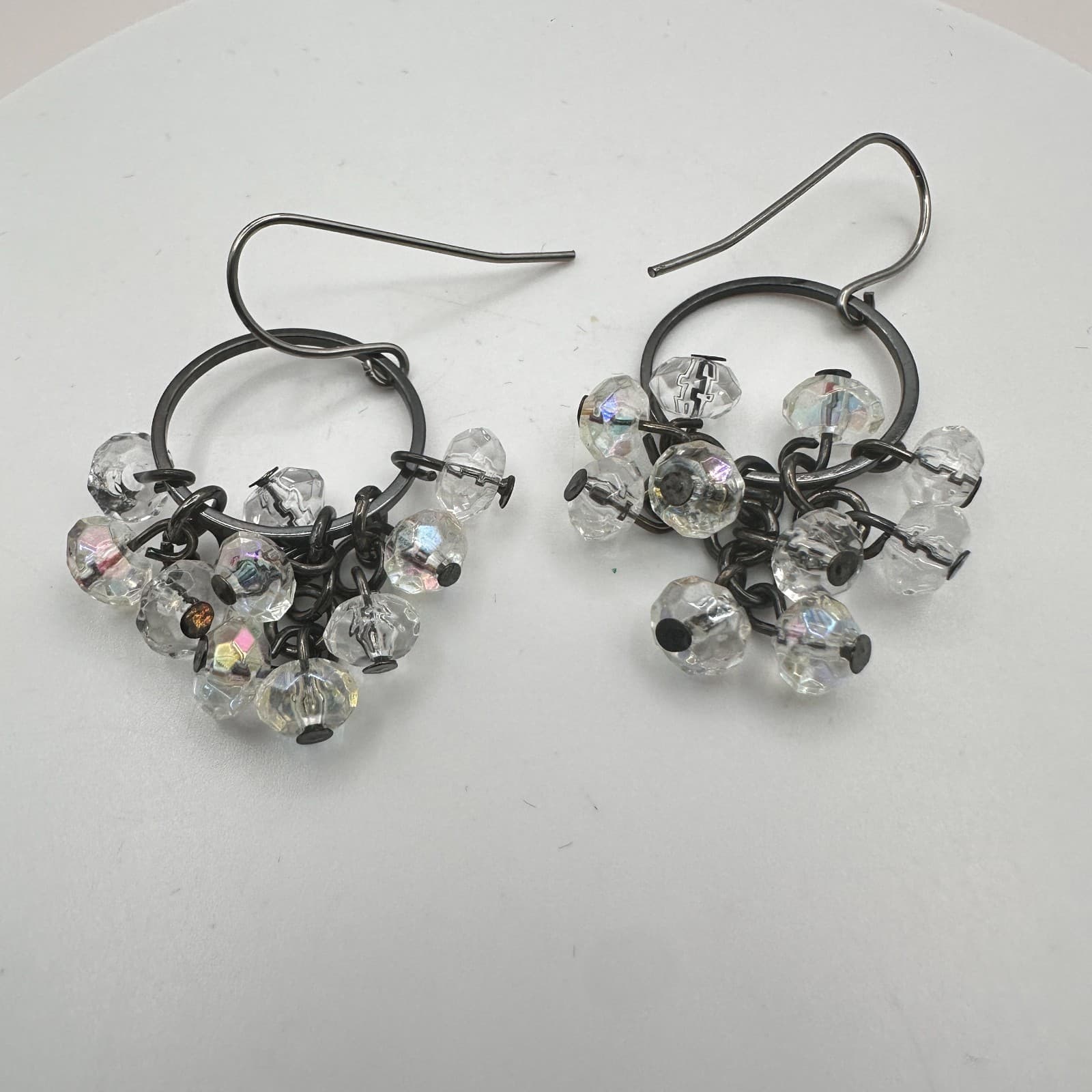 Vintage Y2K 90s Clear Iridescent Beaded Hoop Dangle Earrings Women's Jewelry - Thumbnail 6