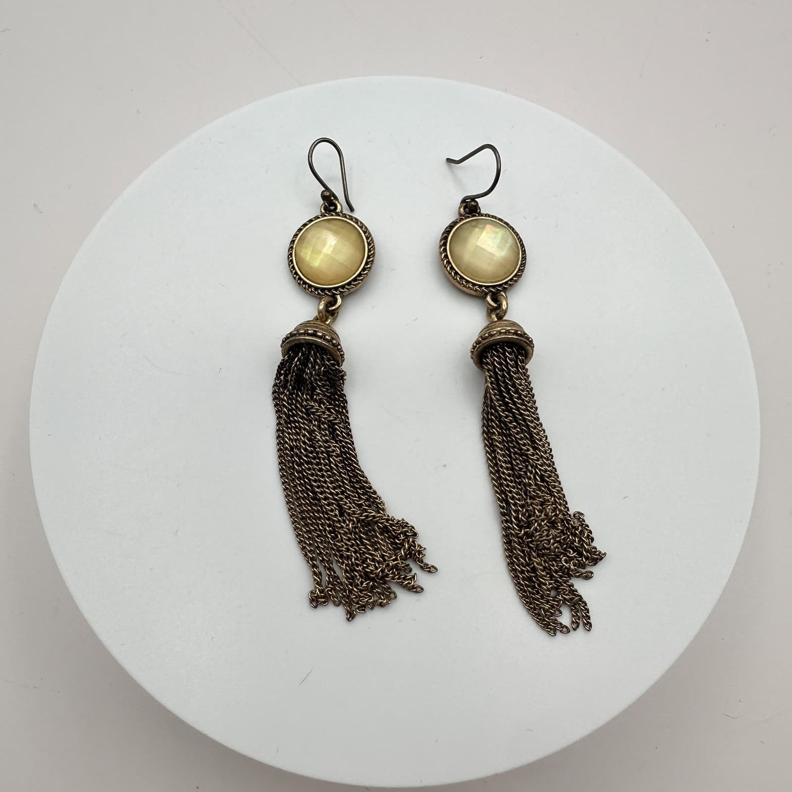 Vintage Gold Tone Faux Moonstone Tassel Earrings Statement Dangle Fringe Boho - Thumbnail 5