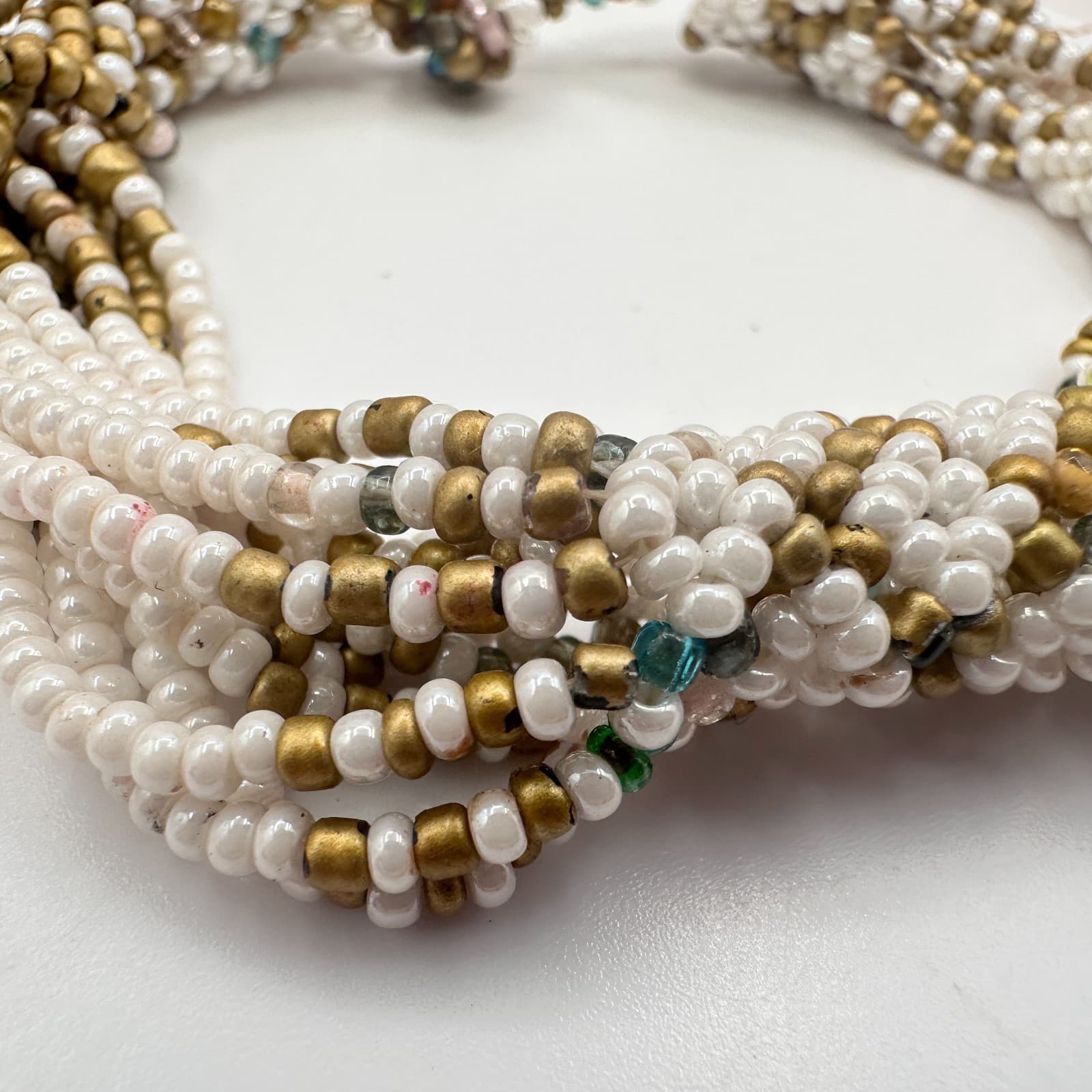 Vintage 90s Gold Tone White Gold Multi Strand Seed Beaded Bracelet Jewelry Bib - Thumbnail 4