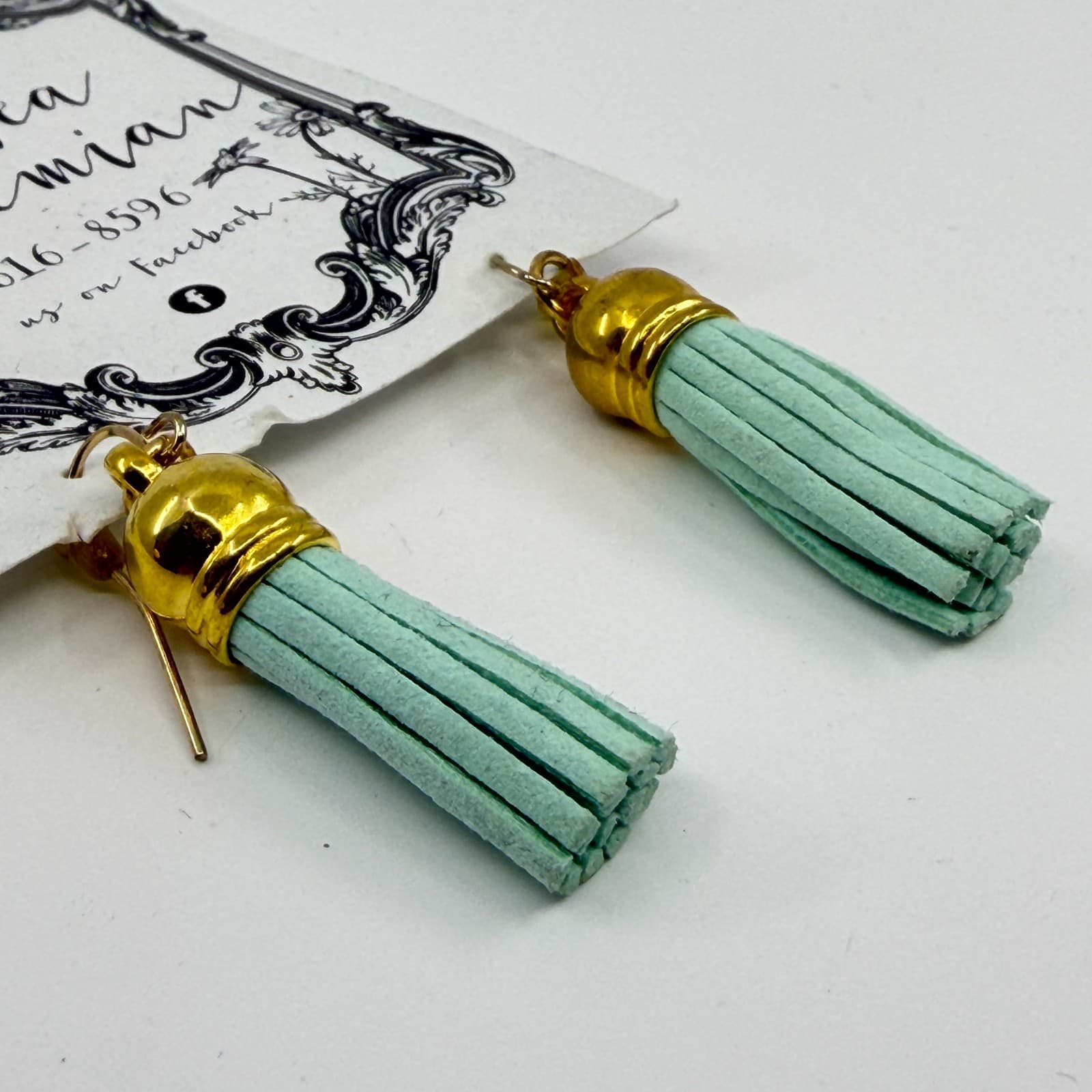 Mint Green Suede Tassel Earring Gold Tone Boho Chic Lightweight Fun Gift Jewelry - Thumbnail 4