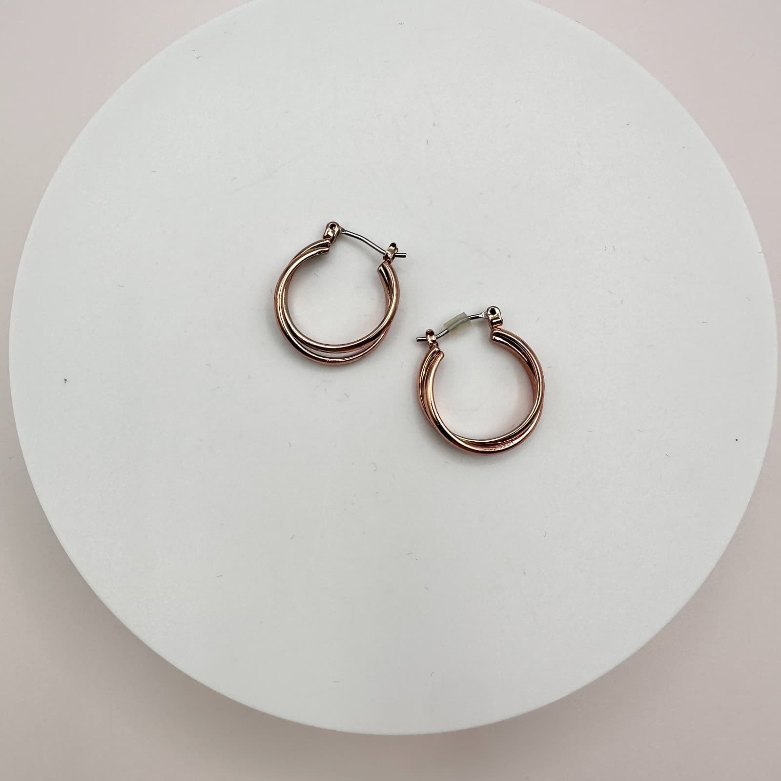 Vintage 90s Rose Gold Tone Double Layer Hoop Earrings Fashion Minimalist Jewelry - Thumbnail 3