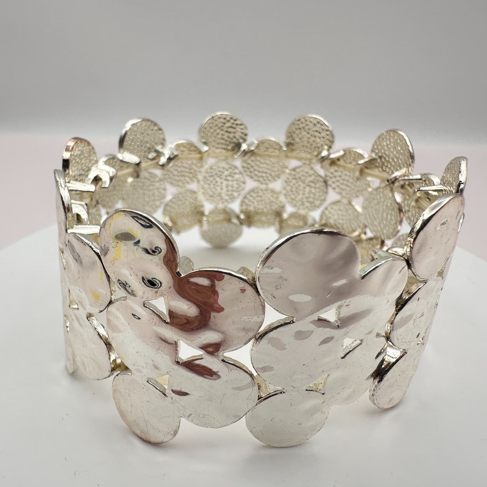 Vintage Y2K Silver Tone Hammered Stretch Hand Bracelet Boho Women's Jewelry Boho - Thumbnail 3