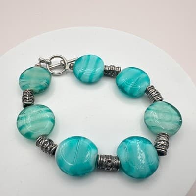 Vintage 90s Silver Tone Teal Swirl Beaded Bracelet Boho Women's Classic Jewelry - Thumbnail 7