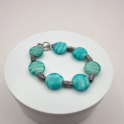 Vintage 90s Silver Tone Teal Swirl Beaded Bracelet Boho Women's Classic Jewelry - Thumbnail 2