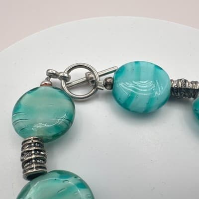 Vintage 90s Silver Tone Teal Swirl Beaded Bracelet Boho Women's Classic Jewelry - Thumbnail 6