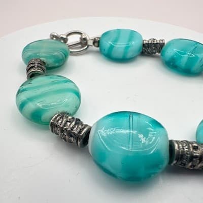 Vintage 90s Silver Tone Teal Swirl Beaded Bracelet Boho Women's Classic Jewelry - Thumbnail 5
