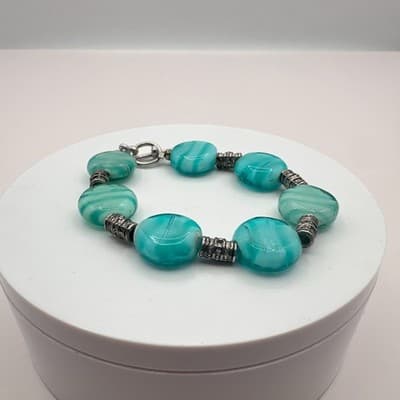 Vintage 90s Silver Tone Teal Swirl Beaded Bracelet Boho Women's Classic Jewelry - Thumbnail 4