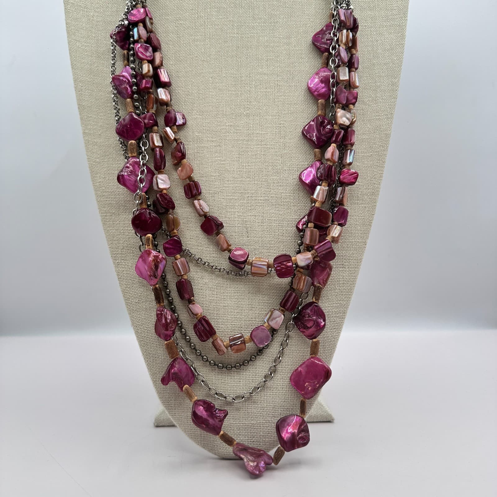 Vintage 90s Multi-Strand Shell Beads Statement Necklace Boho Layered Jewelry Bib - Thumbnail 4