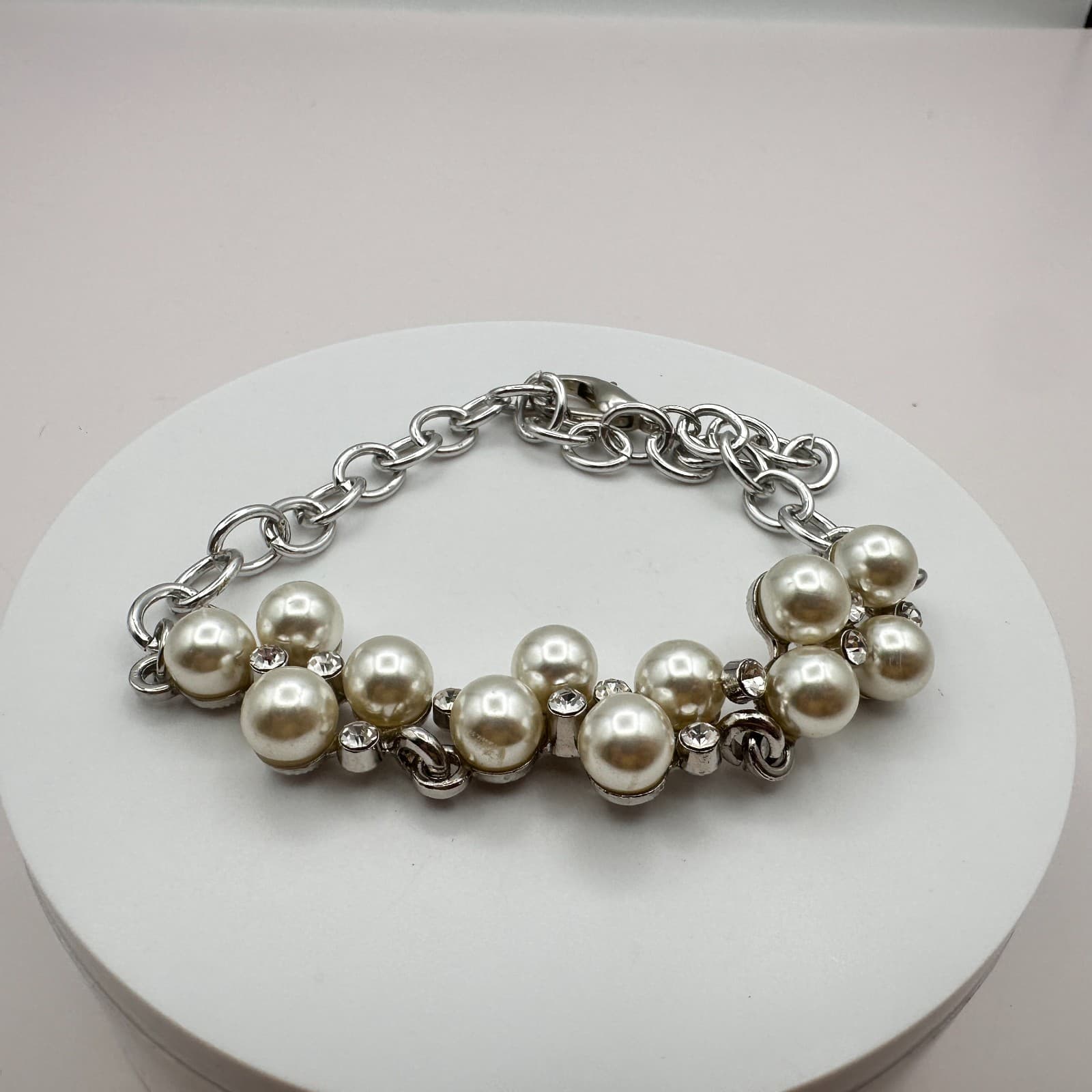Vintage 90s Silver Tone Faux Pearl Rhinestone Bracelet Women's Classic Jewelry - Thumbnail 2