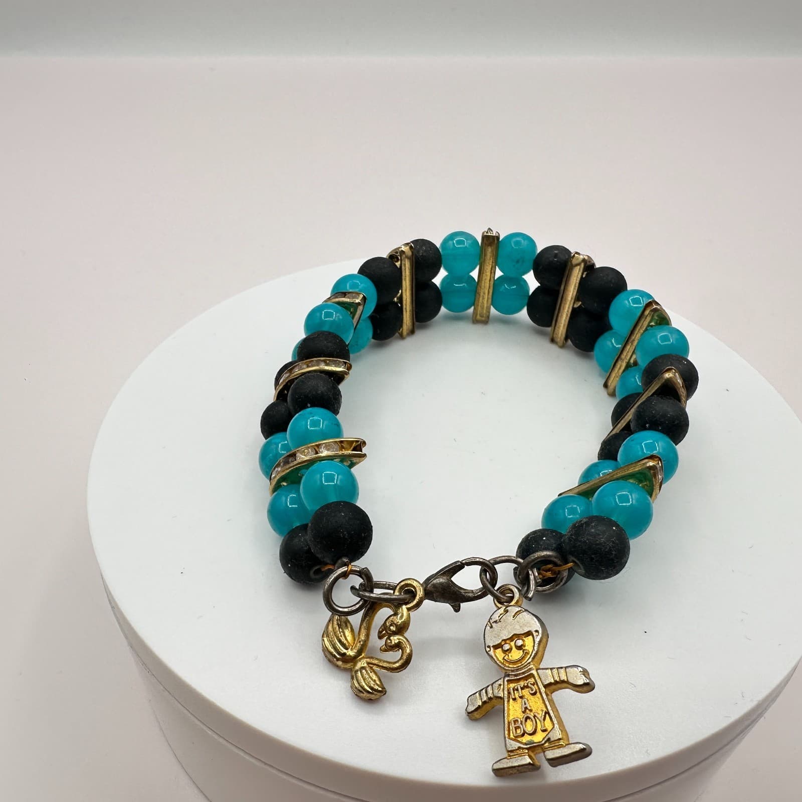 Vintage 80s Turquoise & Black Bead Charm Bracelet Gold Tone Baby Shower Jewelry - Thumbnail 2