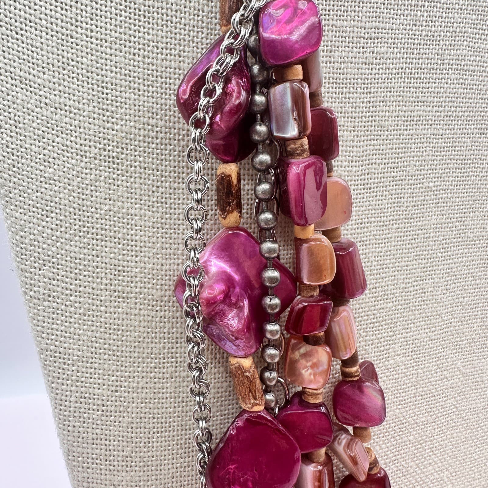 Vintage 90s Multi-Strand Shell Beads Statement Necklace Boho Layered Jewelry Bib - Thumbnail 5