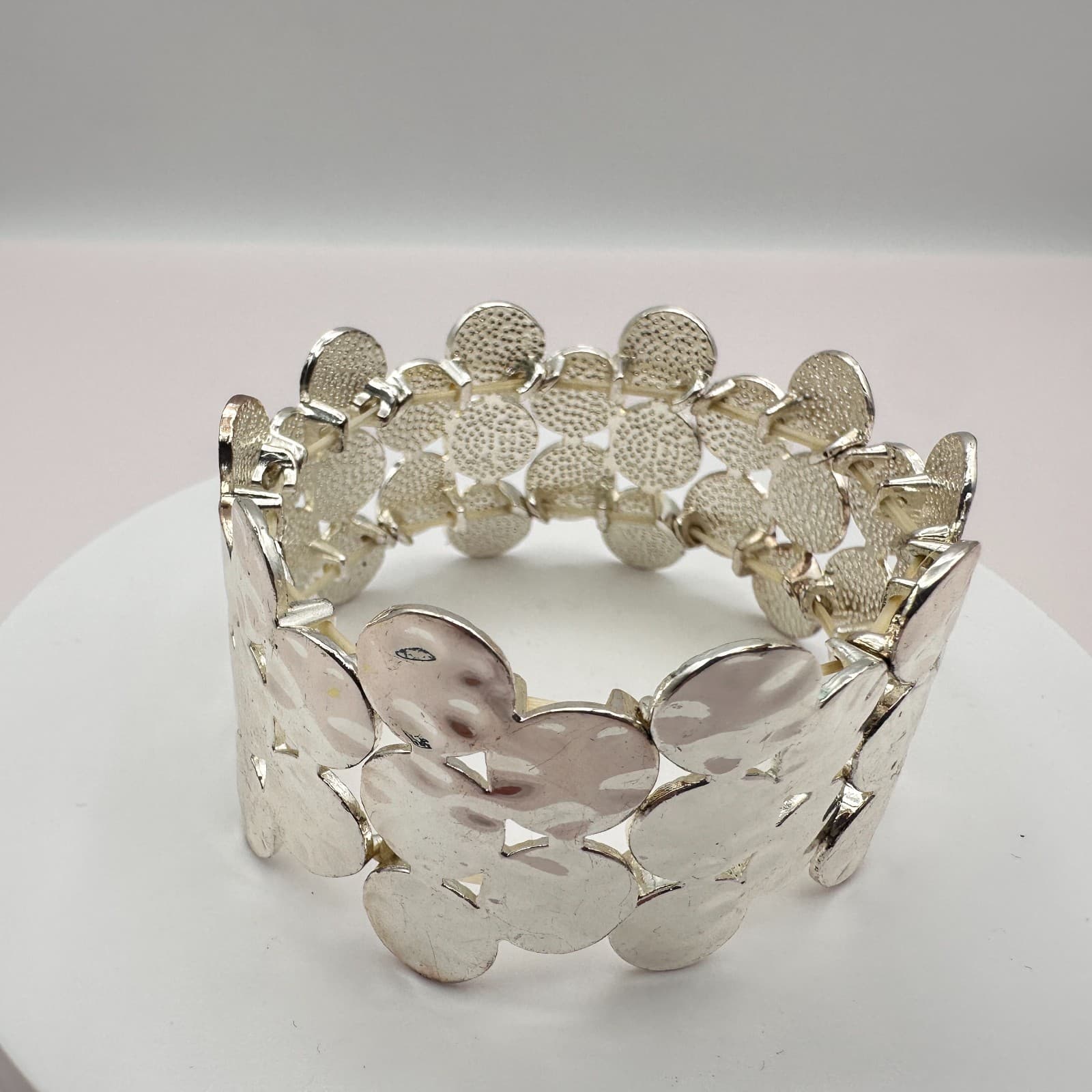 Vintage Y2K Silver Tone Hammered Stretch Hand Bracelet Boho Women's Jewelry Boho - Thumbnail 2
