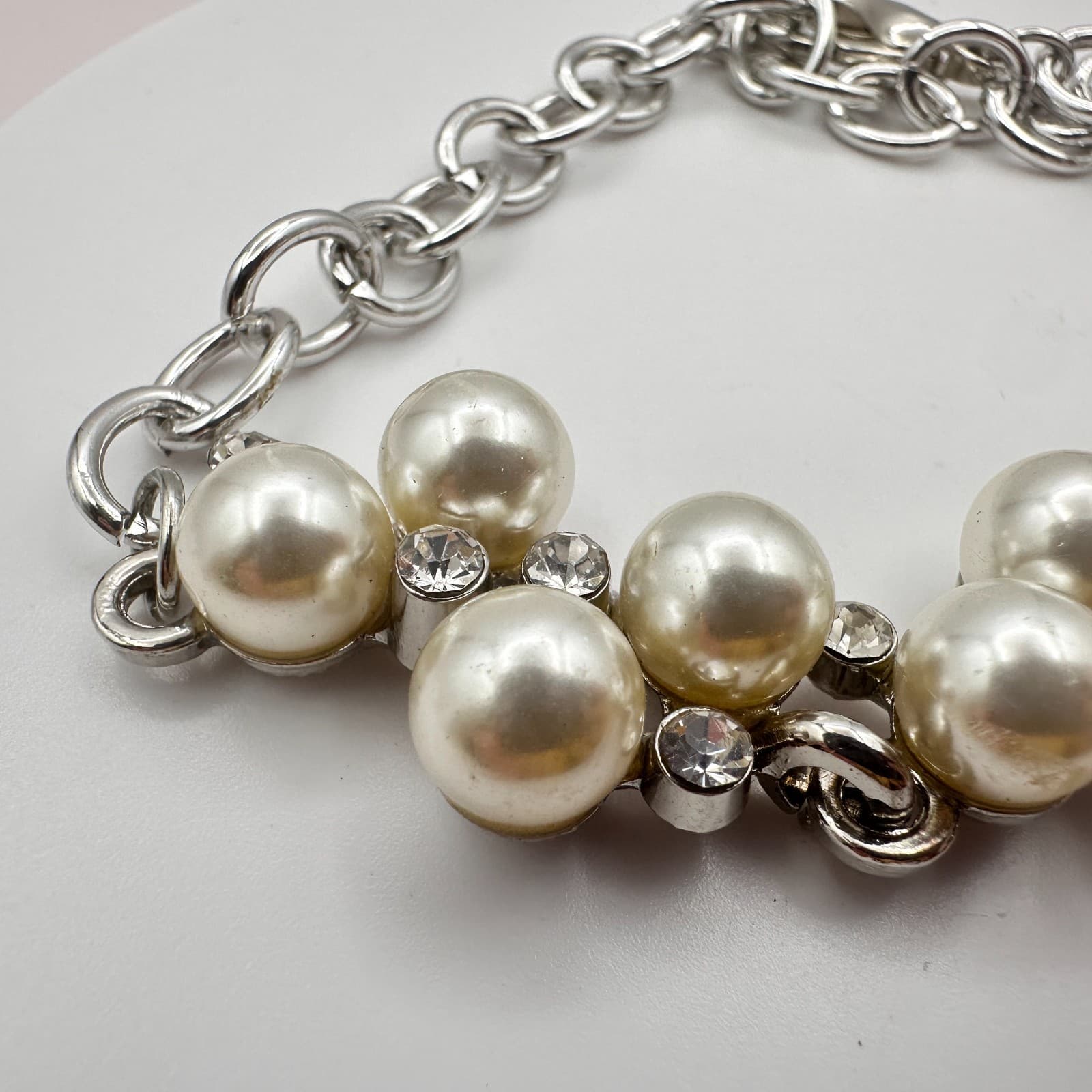 Vintage 90s Silver Tone Faux Pearl Rhinestone Bracelet Women's Classic Jewelry - Thumbnail 5