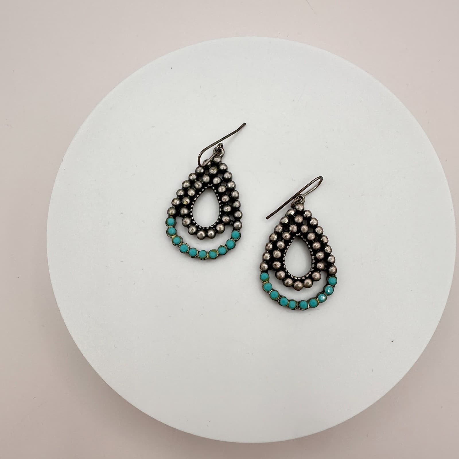 Vintage 90s Blue Glass Beads Silver Tone Teardrop Earrings Boho Fashion Jewelry - Thumbnail 2
