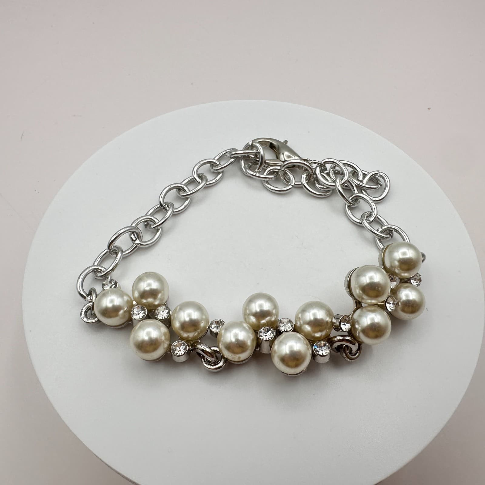 Vintage 90s Silver Tone Faux Pearl Rhinestone Bracelet Women's Classic Jewelry - Thumbnail 3