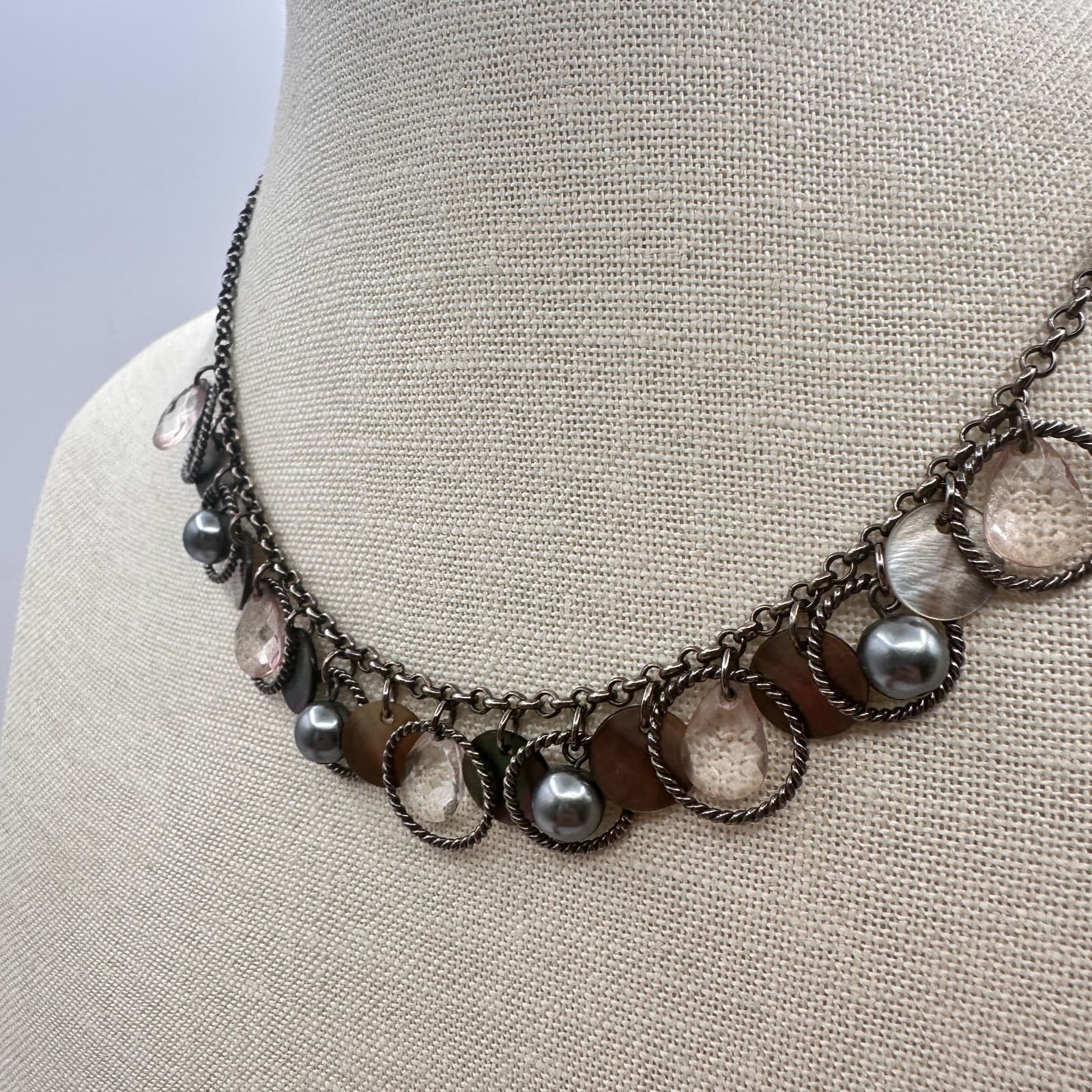 VTG Gunmetal Faux Tahitian Pearl Rose Quartz Choker Bib Necklace Charm Fringe - Thumbnail 6