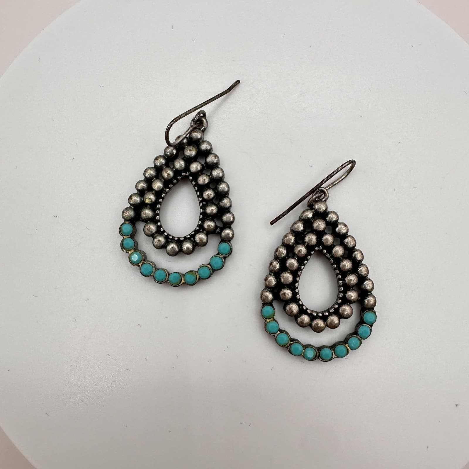 Vintage 90s Blue Glass Beads Silver Tone Teardrop Earrings Boho Fashion Jewelry - Thumbnail 3