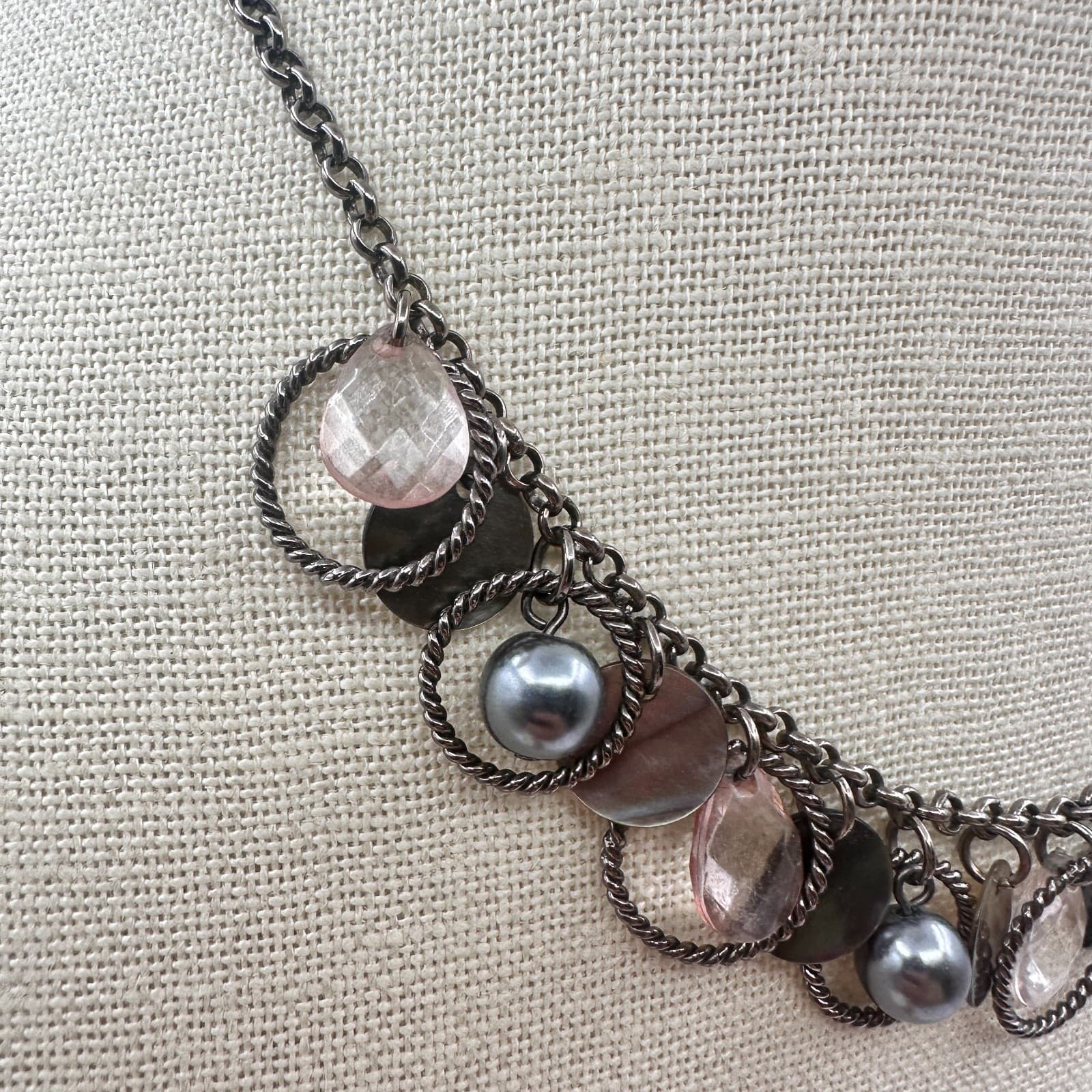 VTG Gunmetal Faux Tahitian Pearl Rose Quartz Choker Bib Necklace Charm Fringe - Thumbnail 3