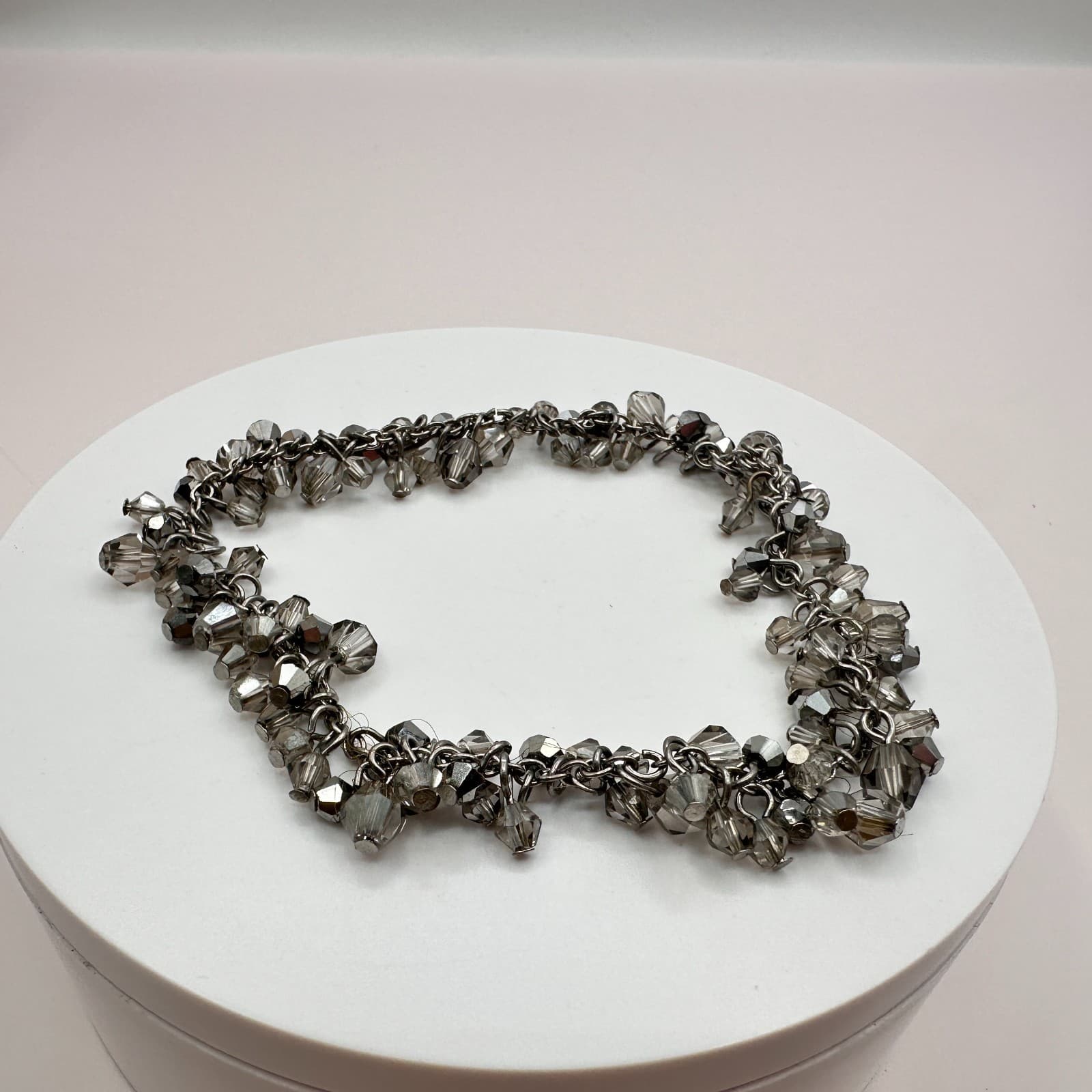 Vintage 90s Silver Tone Smoky Gray Faceted Beaded Bracelet Women's Jewelry Y2K - Thumbnail 2