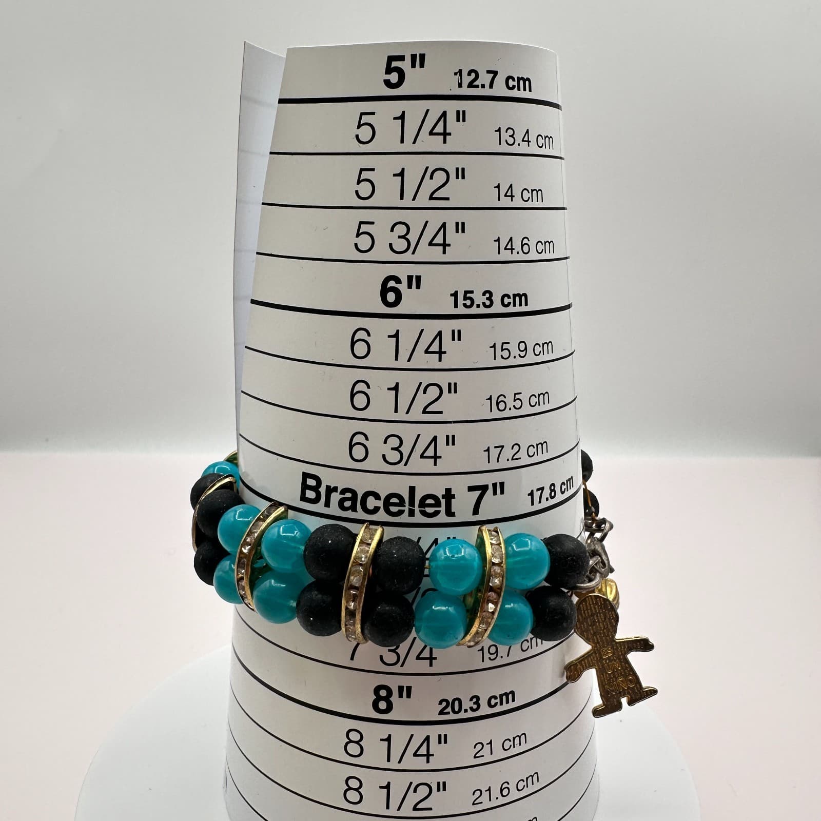 Vintage 80s Turquoise & Black Bead Charm Bracelet Gold Tone Baby Shower Jewelry - Thumbnail 7