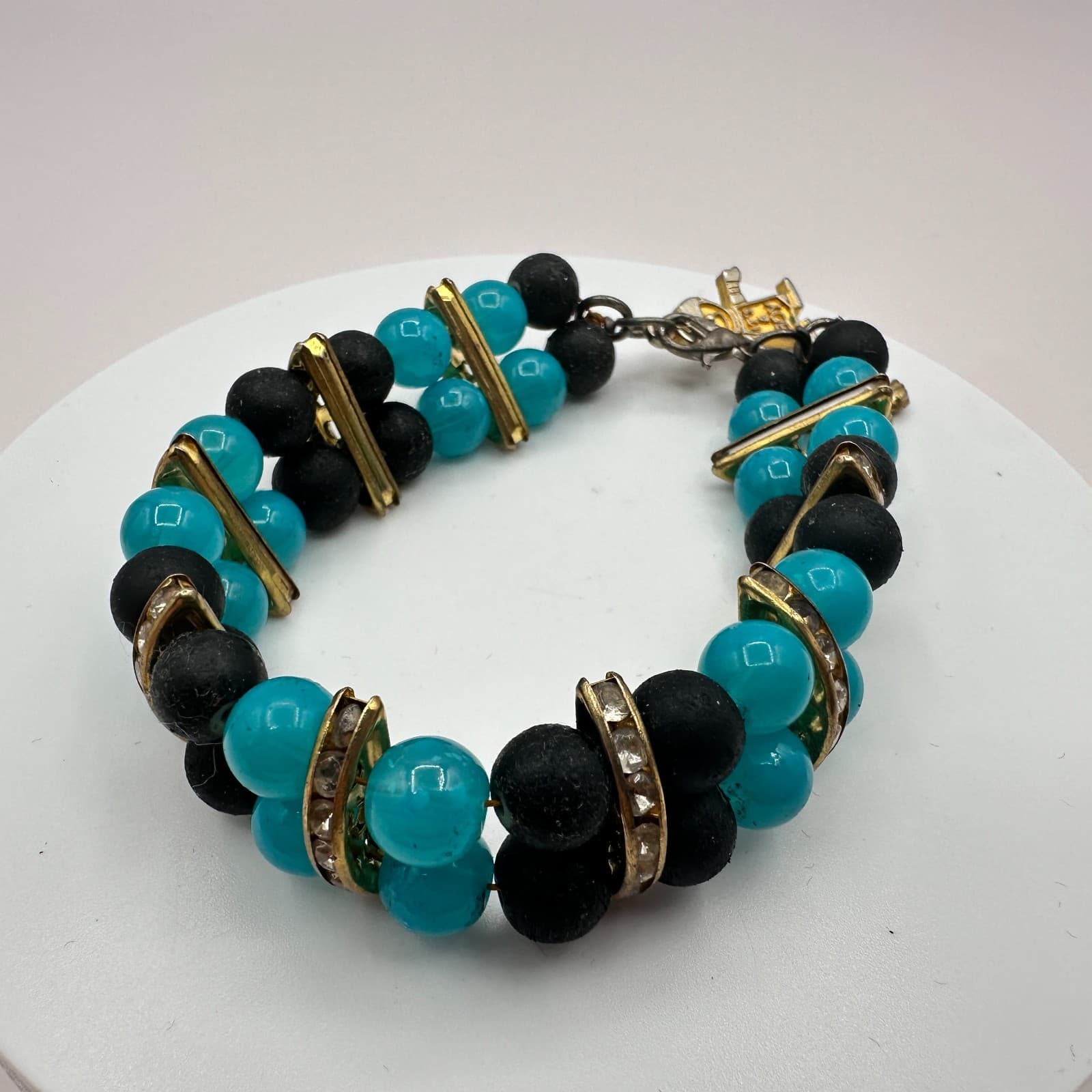 Vintage 80s Turquoise & Black Bead Charm Bracelet Gold Tone Baby Shower Jewelry - Thumbnail 5