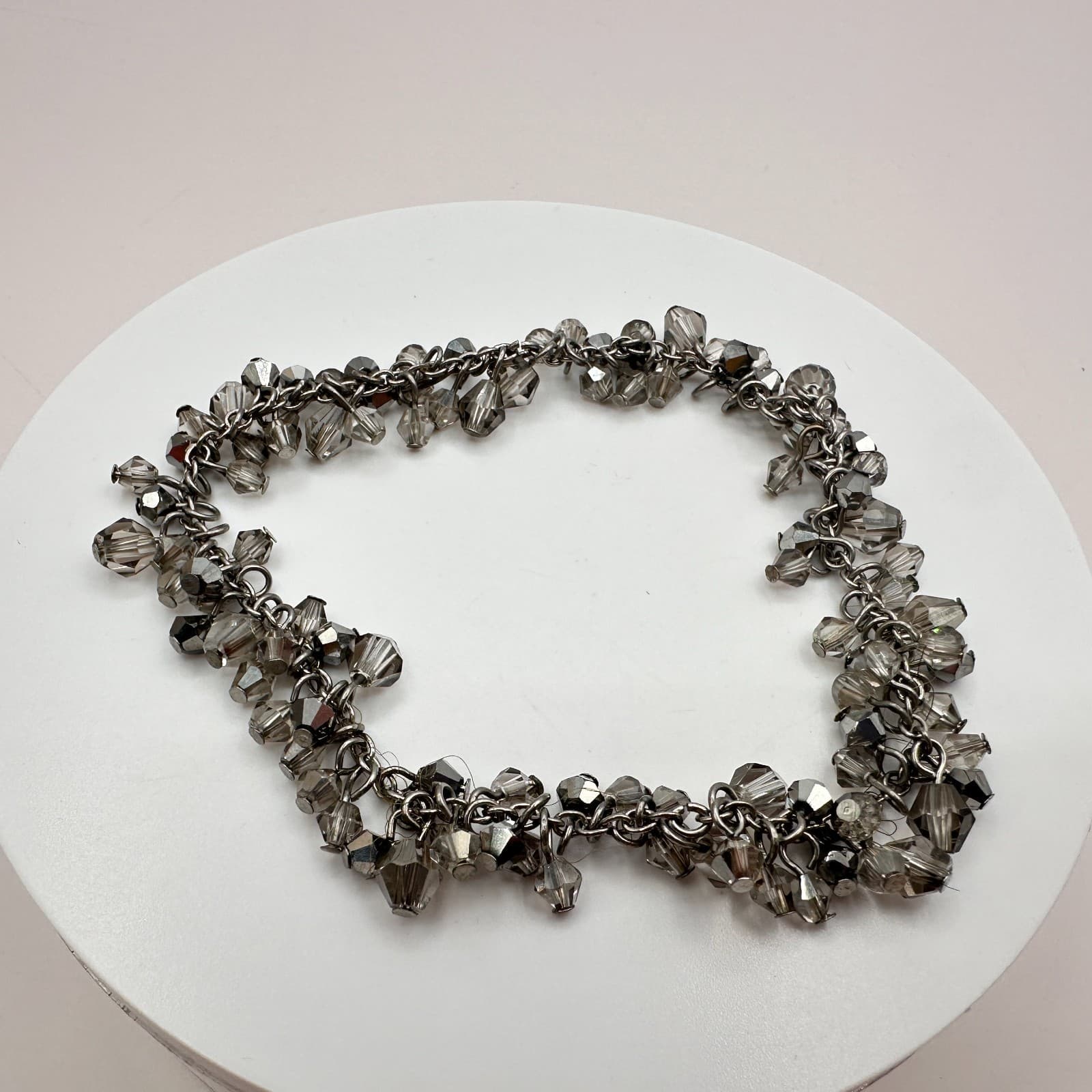 Vintage 90s Silver Tone Smoky Gray Faceted Beaded Bracelet Women's Jewelry Y2K - Thumbnail 3