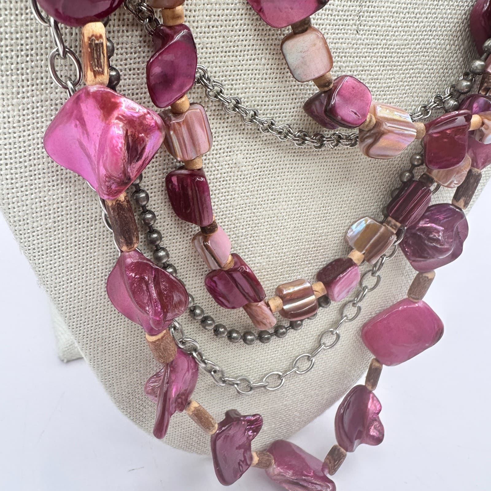 Vintage 90s Multi-Strand Shell Beads Statement Necklace Boho Layered Jewelry Bib - Thumbnail 7