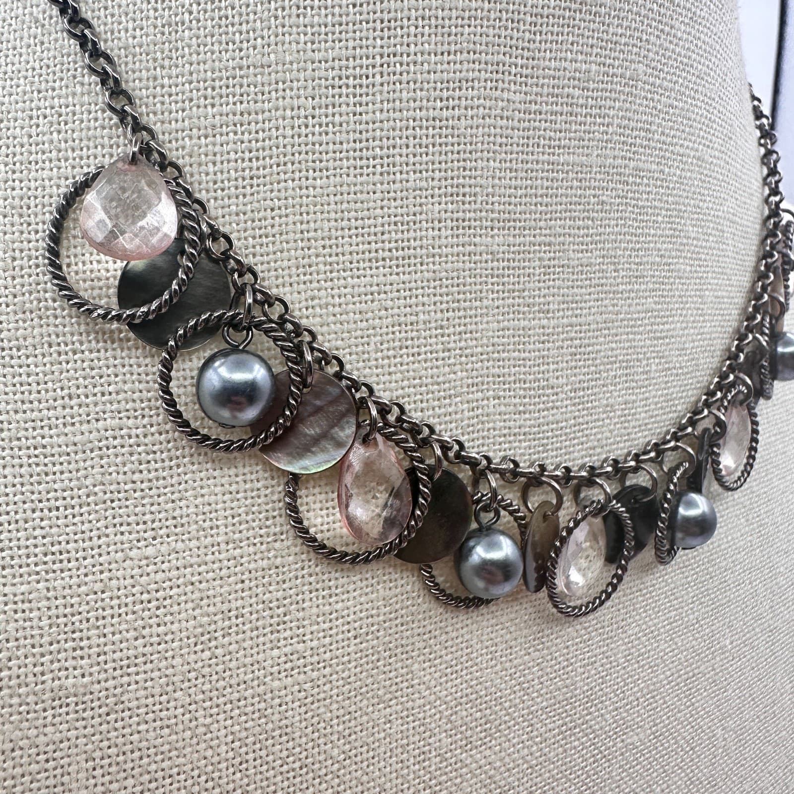 VTG Gunmetal Faux Tahitian Pearl Rose Quartz Choker Bib Necklace Charm Fringe - Thumbnail 5