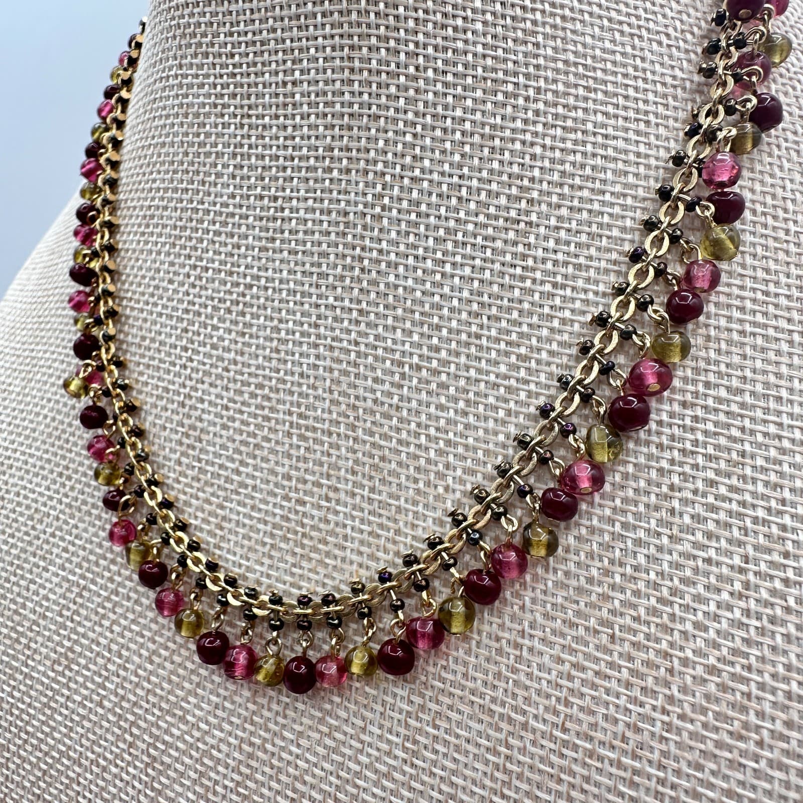 Vintage 80s Express Glass Beaded Necklace Gold Tone Boho Women's Classic Jewelry - Thumbnail 2