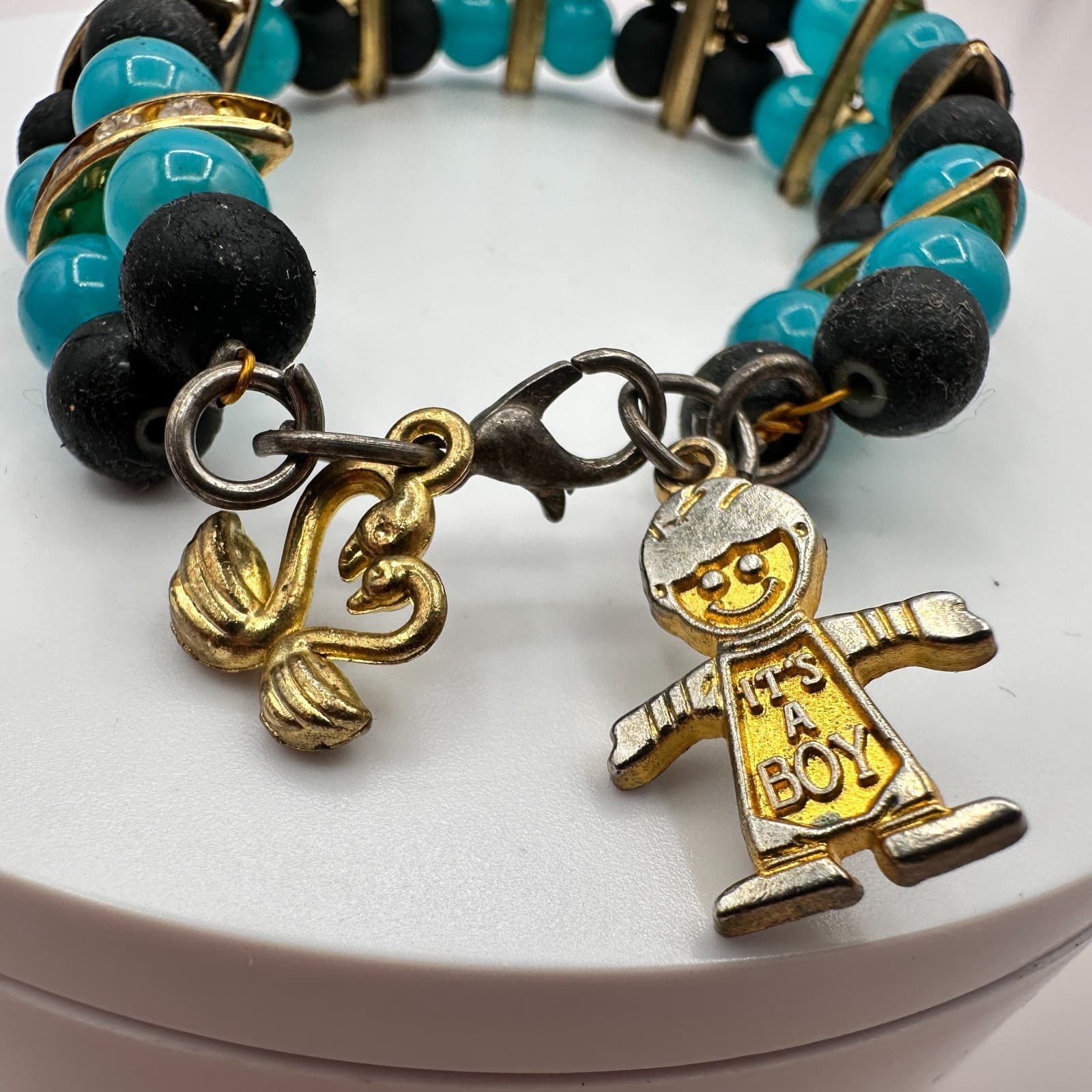 Vintage 80s Turquoise & Black Bead Charm Bracelet Gold Tone Baby Shower Jewelry - Thumbnail 3