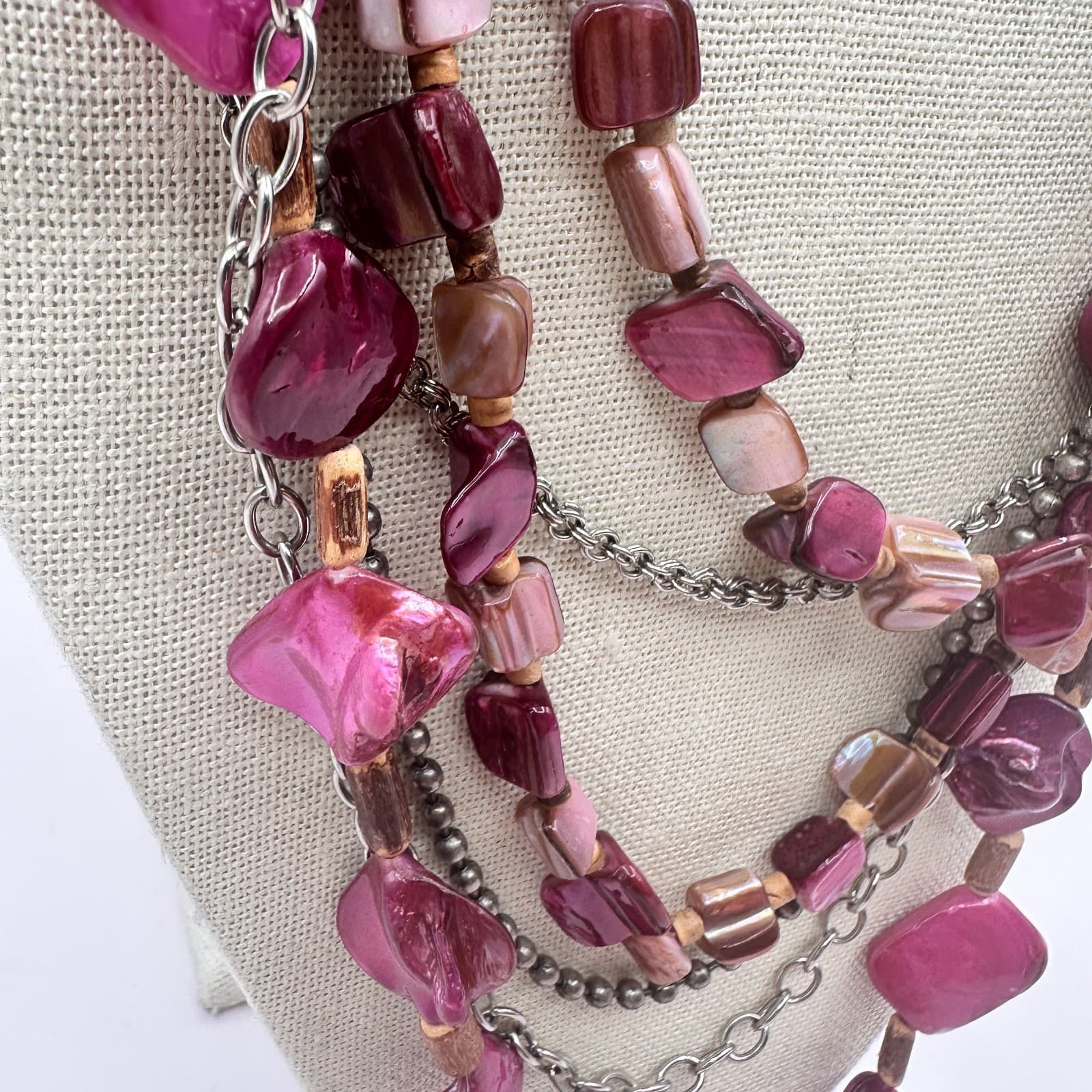 Vintage 90s Multi-Strand Shell Beads Statement Necklace Boho Layered Jewelry Bib - Thumbnail 8
