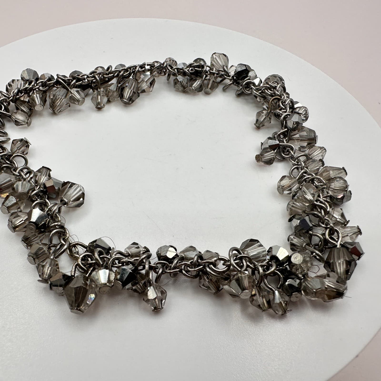 Vintage 90s Silver Tone Smoky Gray Faceted Beaded Bracelet Women's Jewelry Y2K - Thumbnail 4
