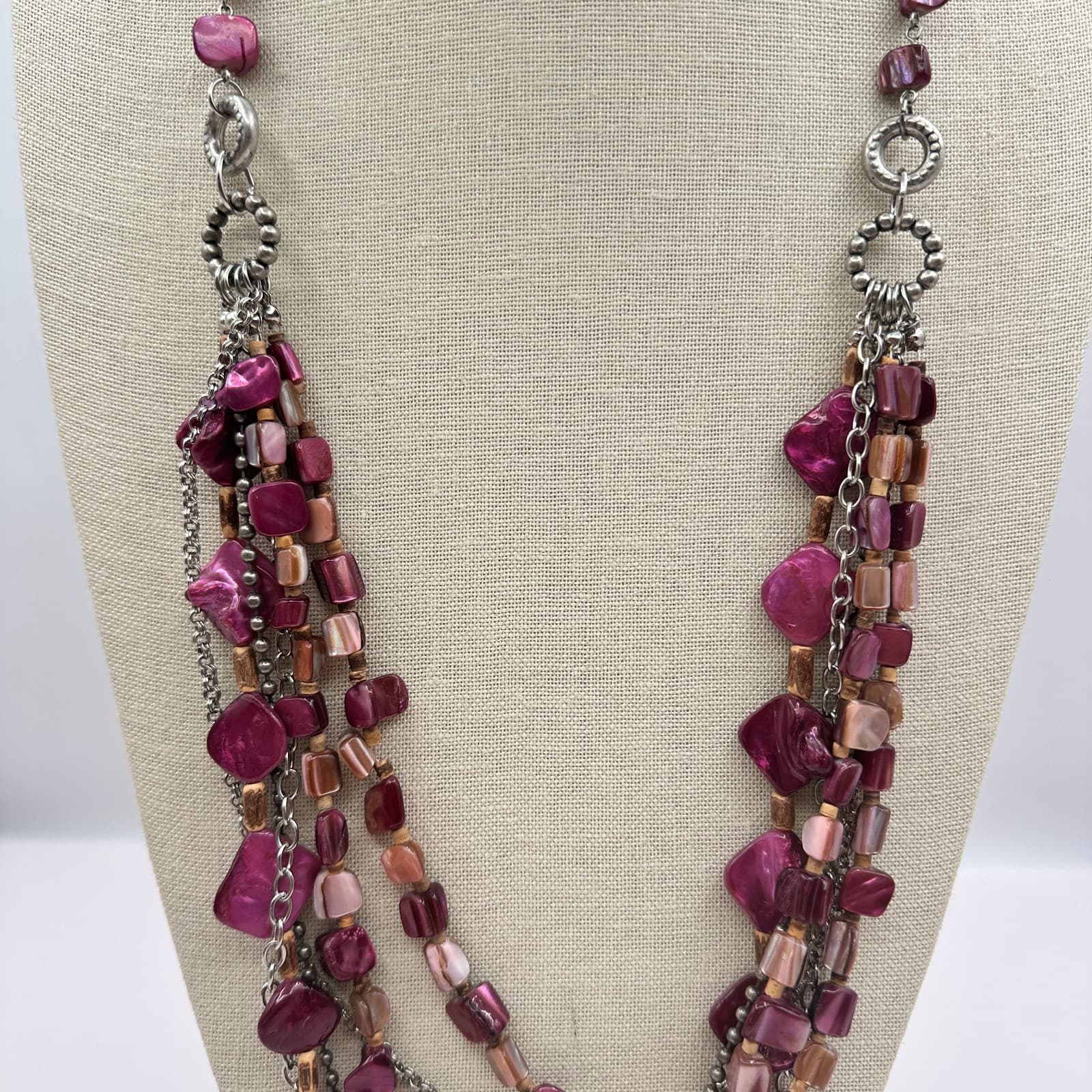 Vintage 90s Multi-Strand Shell Beads Statement Necklace Boho Layered Jewelry Bib - Thumbnail 6